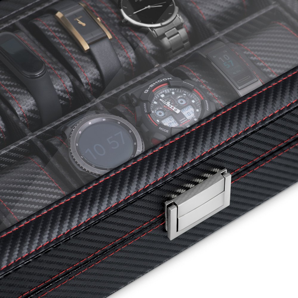 Caja de relojes de carbono negro con grabación para regalo de Día de San Valentín para hombres