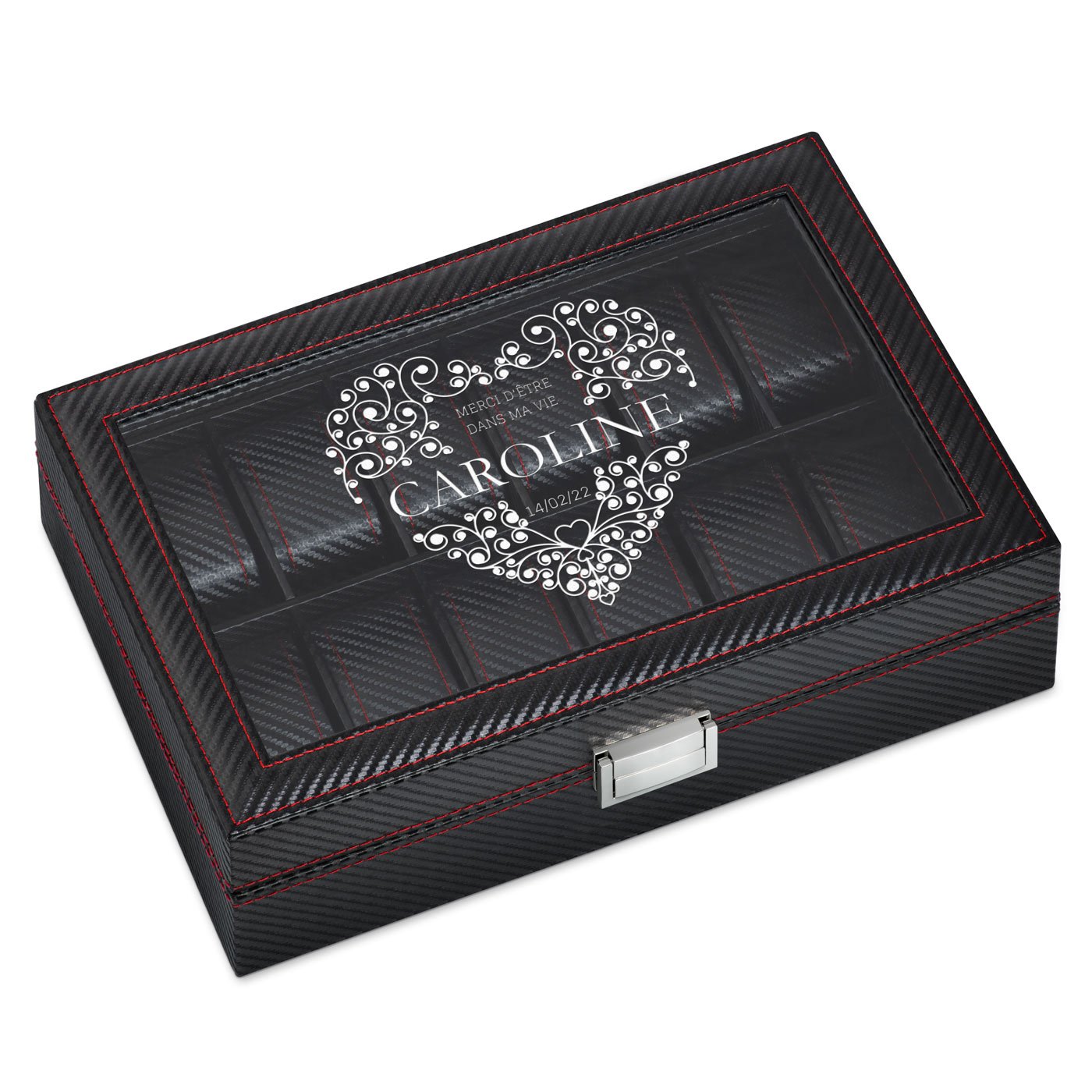 Caja de relojes Murrano de carbono negro personalizada para una prometida