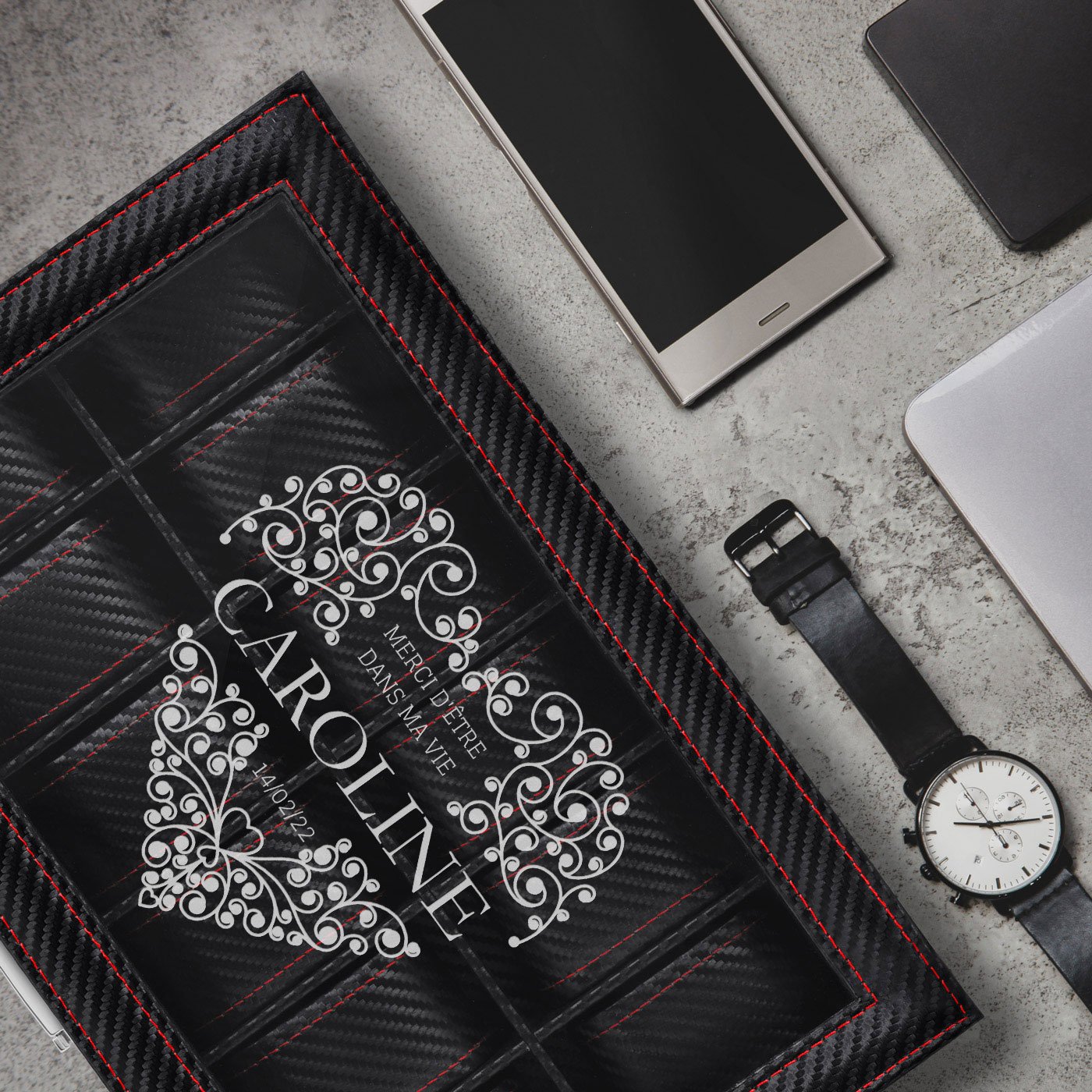 Caja de relojes Murrano de carbono negro personalizada para una prometida