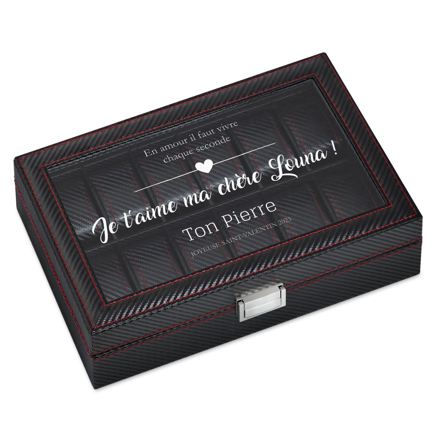Caja de relojes de carbono negro Murrano con grabado para ella el Día de San Valentín