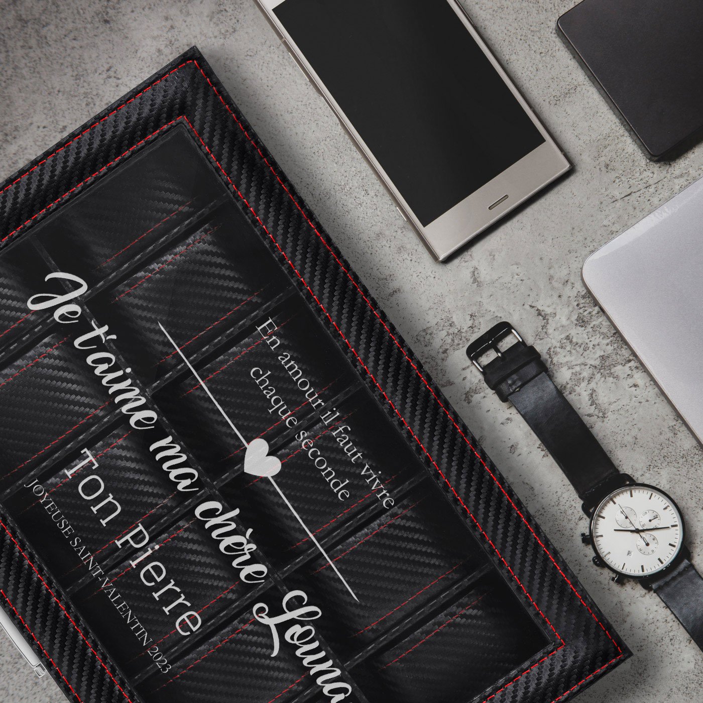 Caja de relojes de carbono negro Murrano con grabado para ella el Día de San Valentín