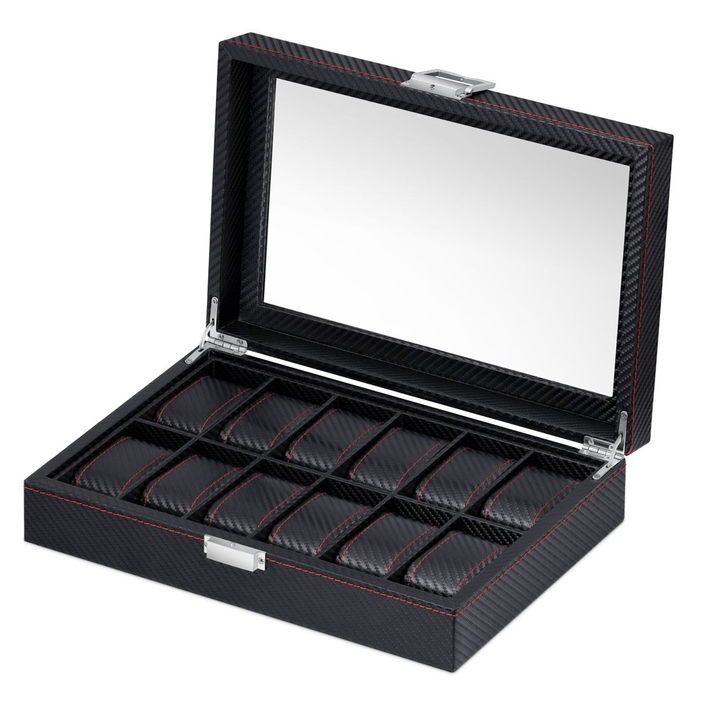 Caja de relojes personalizada de carbono negro Murrano para esposa el Día de San Valentín