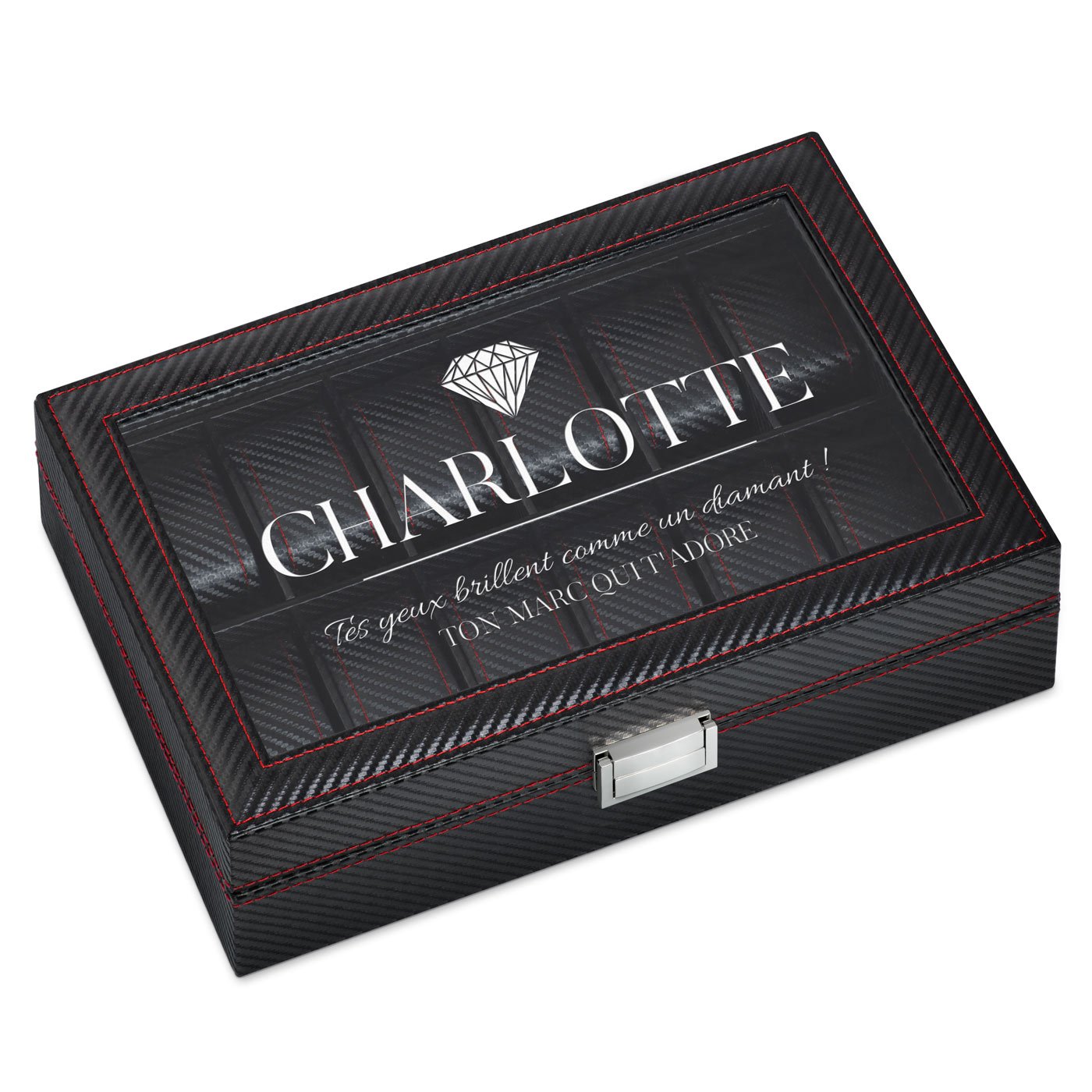 Caja de relojes personalizada de carbono negro Murrano para esposa el Día de San Valentín
