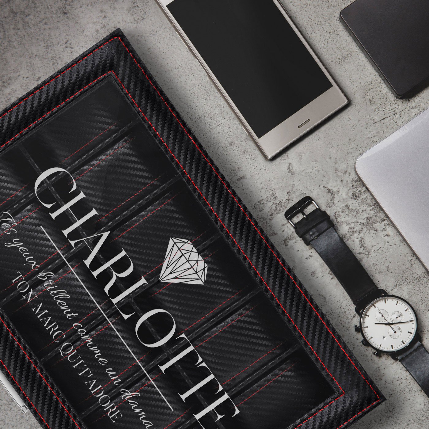 Caja de relojes personalizada de carbono negro Murrano para esposa el Día de San Valentín