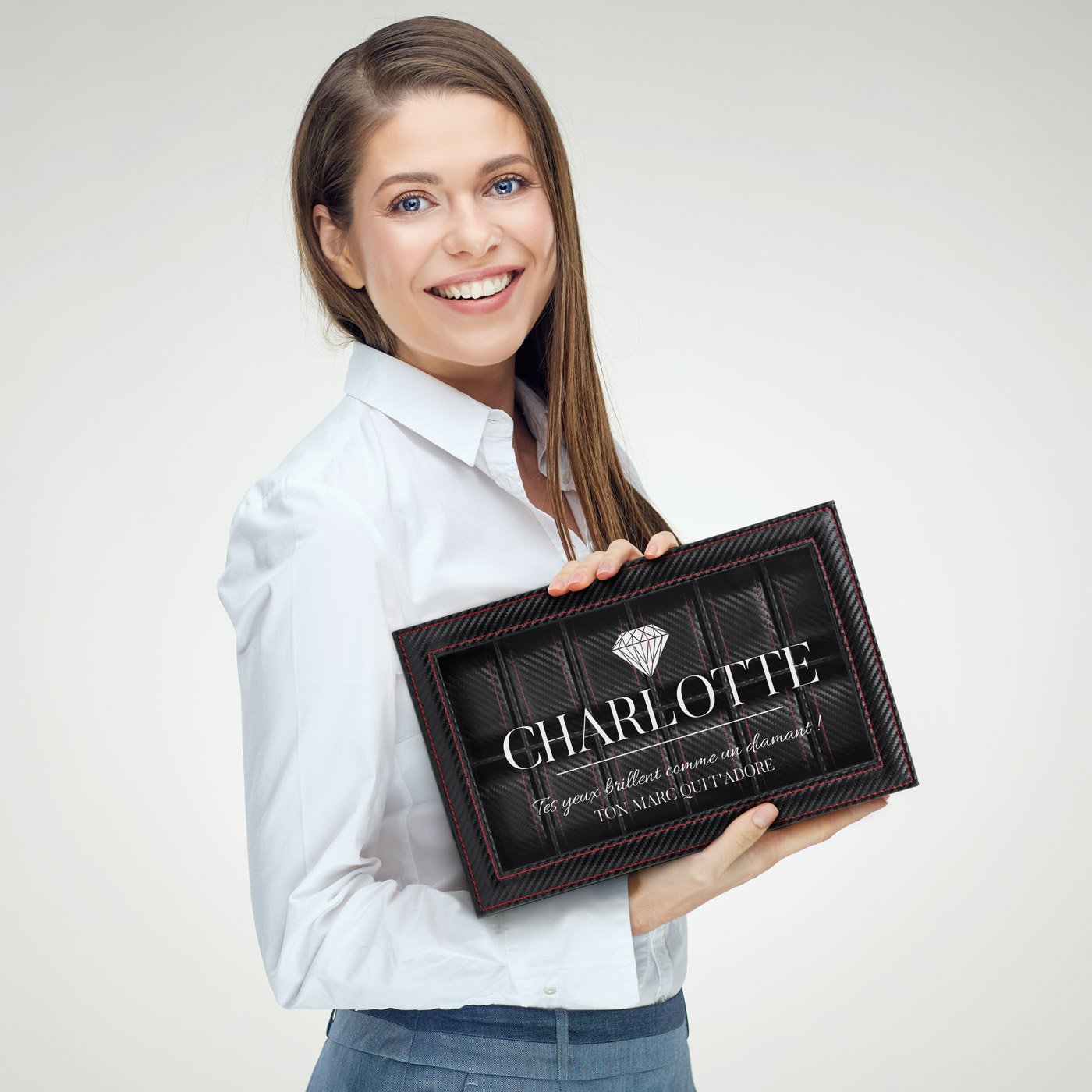 Caja de relojes personalizada de carbono negro Murrano para esposa el Día de San Valentín