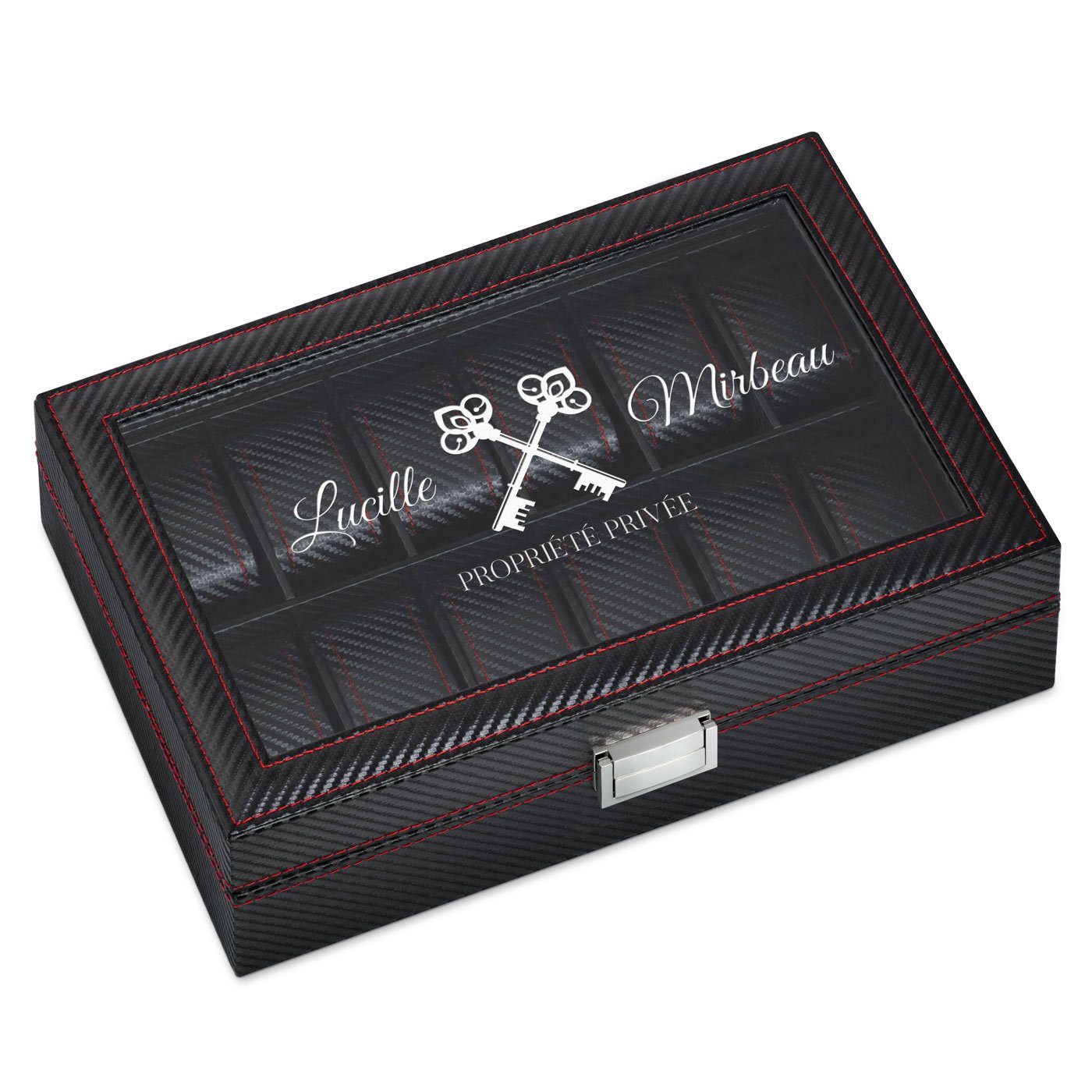 Caja de relojes negra de carbono Murrano con grabado para regalo de Día de San Valentín para ella