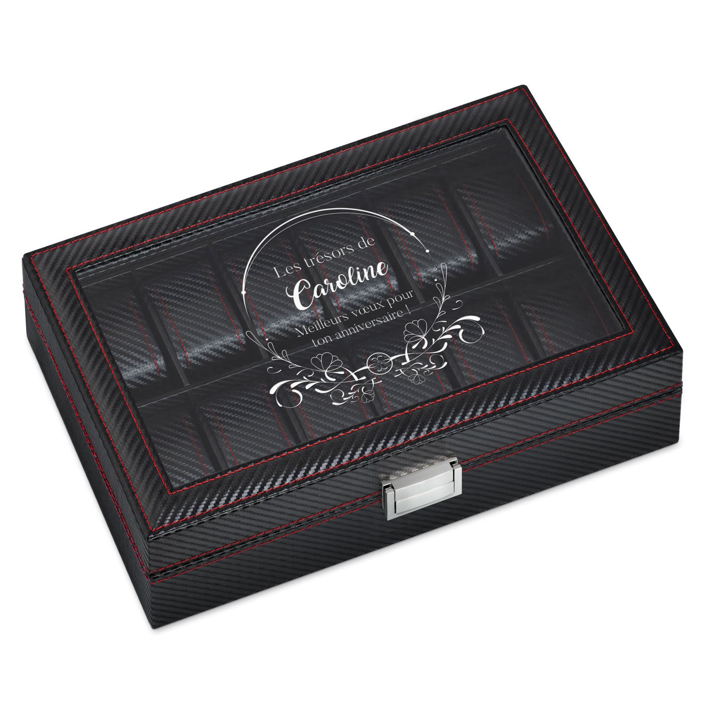 Caja de relojes de carbono negro personalizada con grabado para el cumpleaños de una esposa Murrano