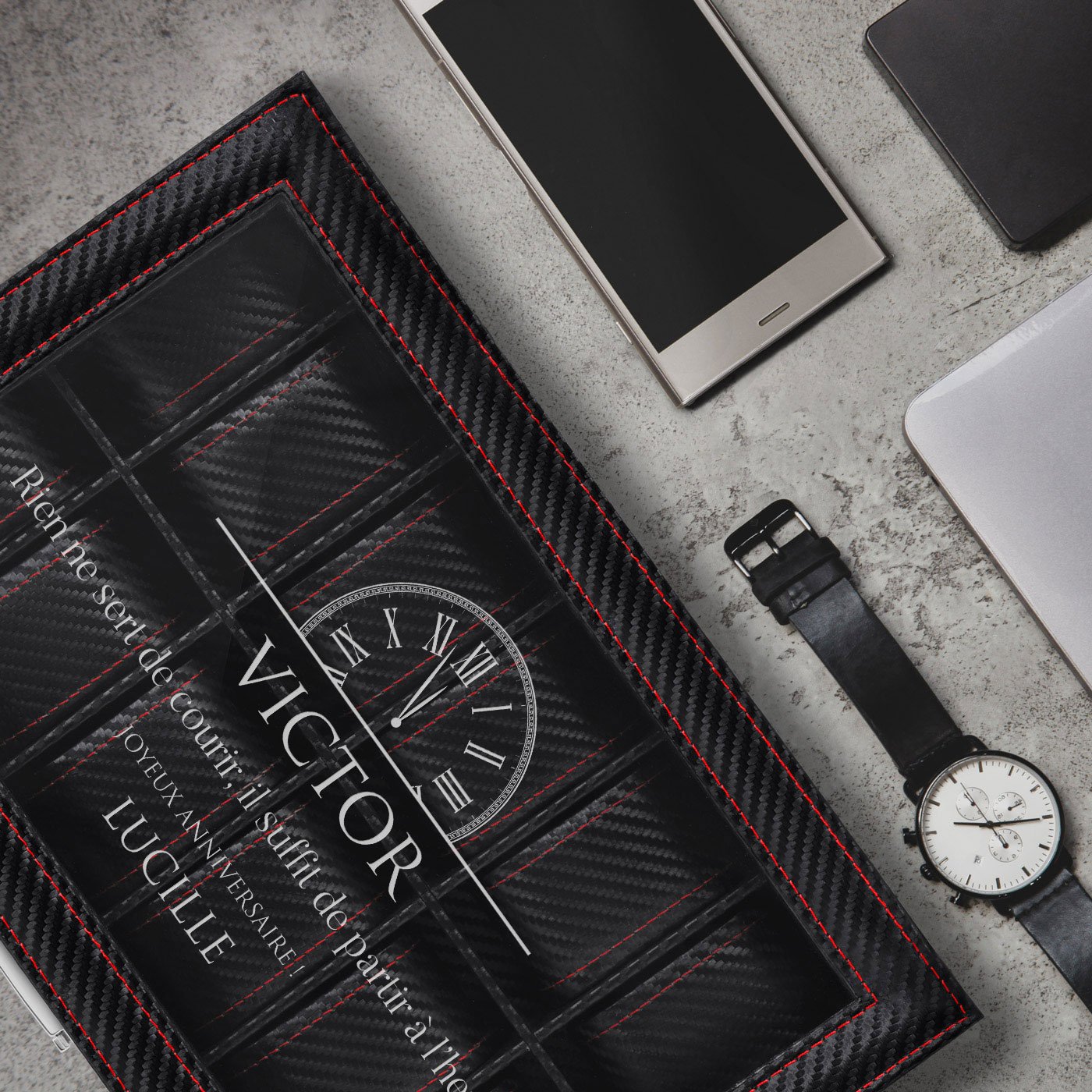 Murrano Black Carbon Watch Box - Personalized for Husband's Anniversary
