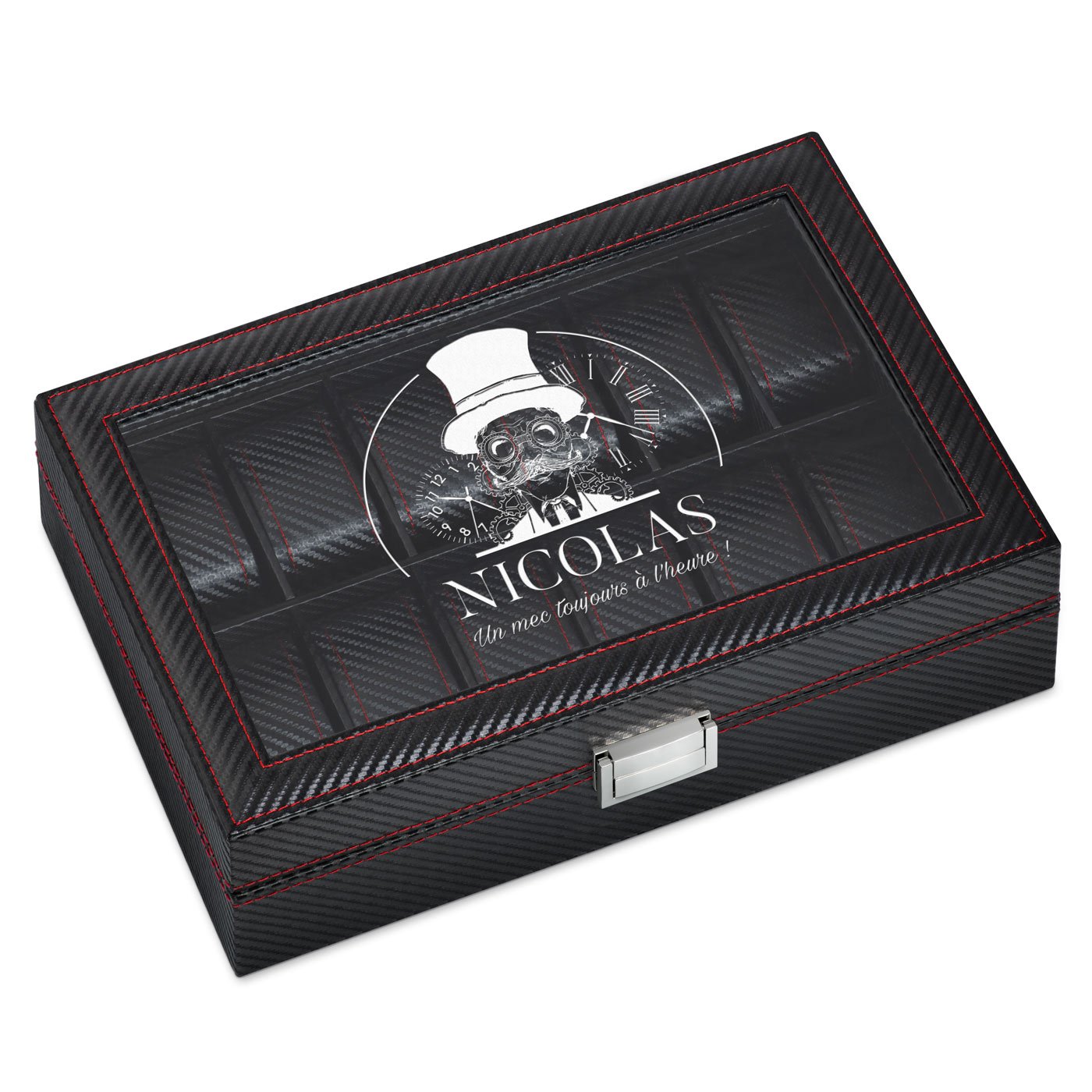 Caja de relojes personalizada de carbono negro Murrano para el cumpleaños de su hijo