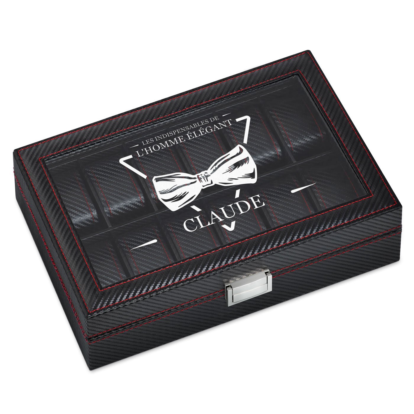 Caja para relojes de carbono negro con grabado para el cumpleaños de un jefe