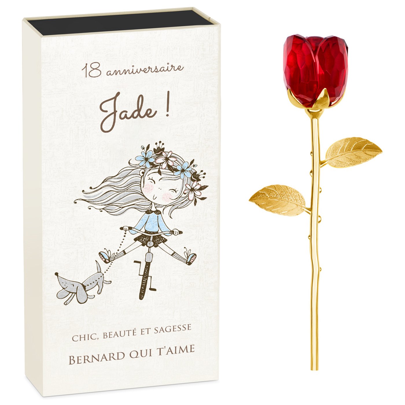 Rosa eterna de cristal + estuche con impresión personalizada para cumpleaños número 18