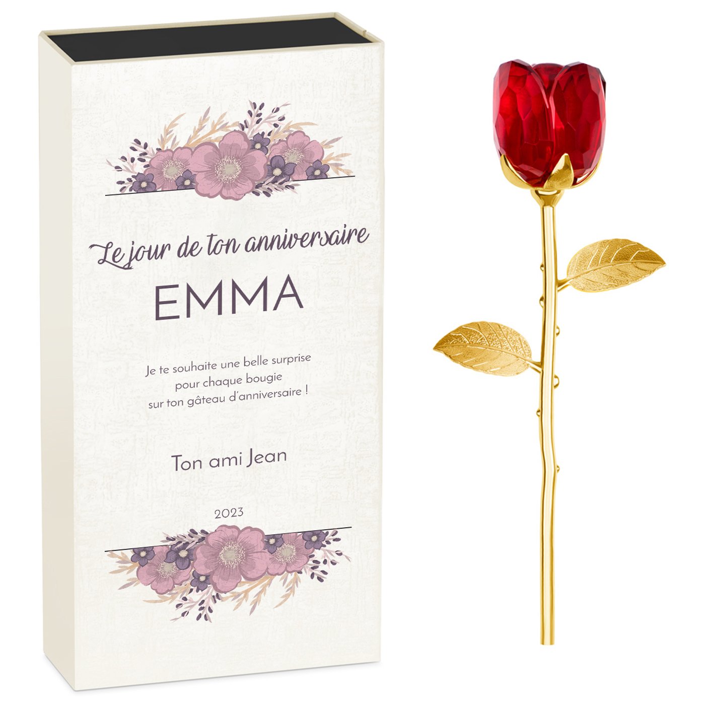Rosa eterna de cristal Murrano + caja personalizada para una amiga