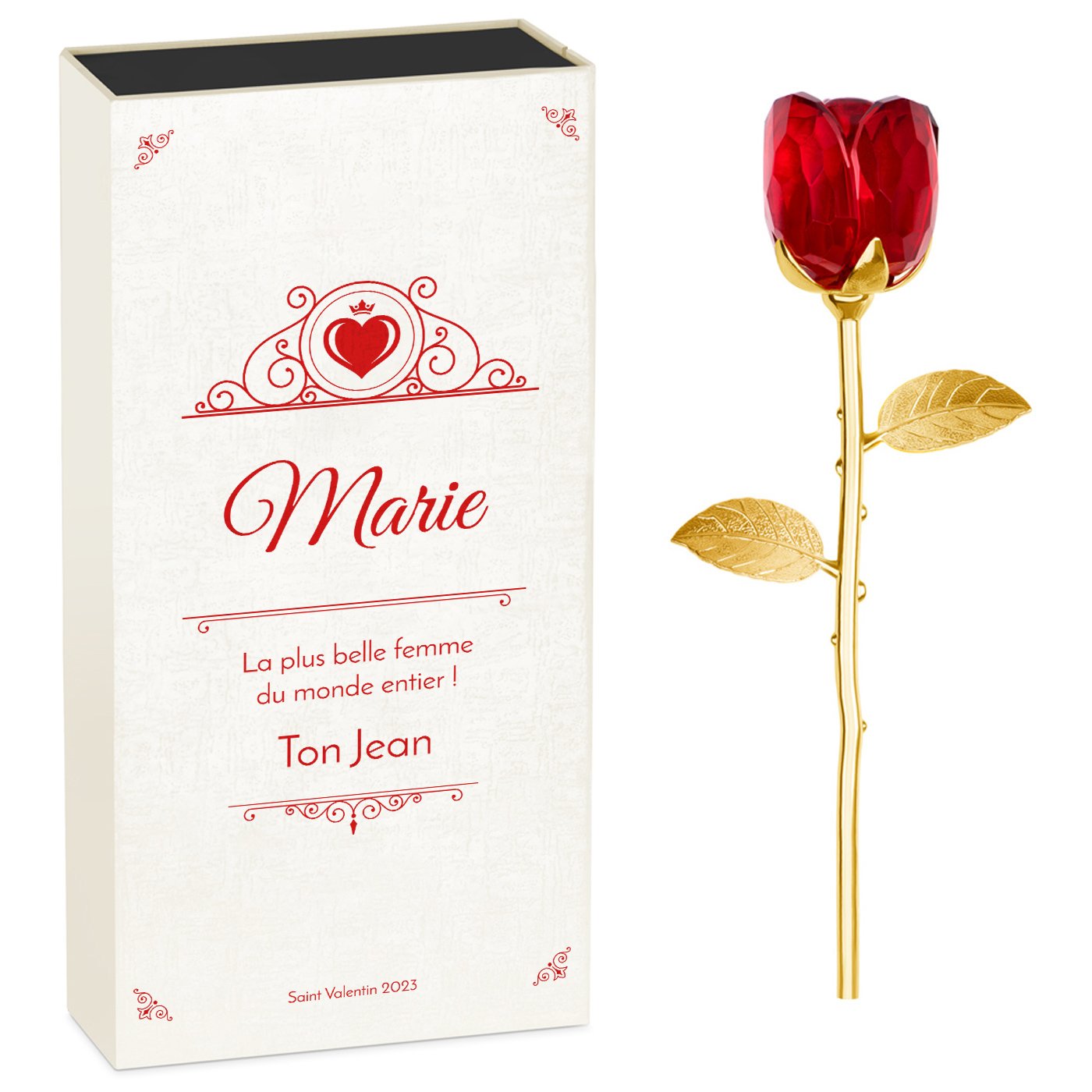 Rosa eterna de cristal + estuche con impresión personalizada para el Día de San Valentín