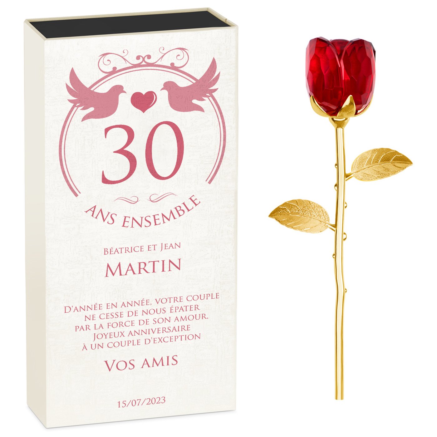 Rosa Eterna de Cristal + Estuche con Impresión Personalizada para el 30º Aniversario de Matrimonio