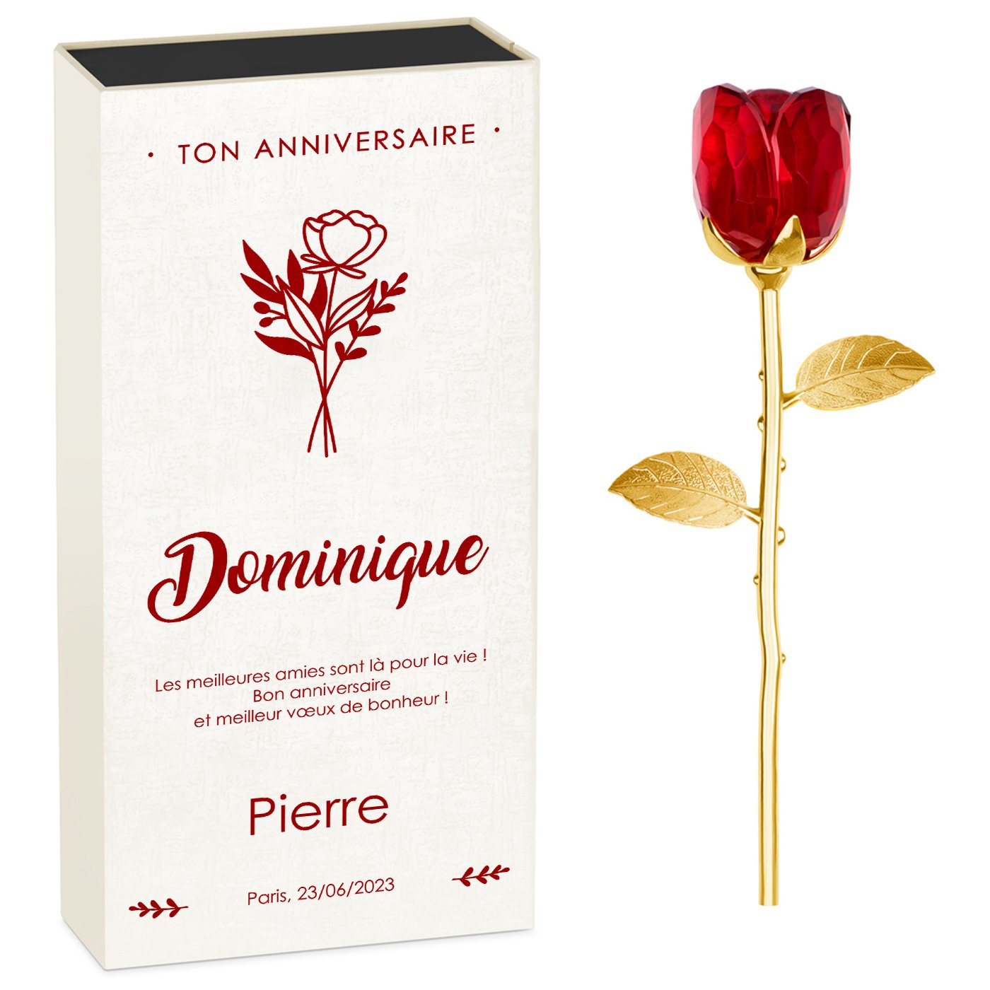 Rosa eterna de cristal + estuche con impresión personalizada para mujer por su cumpleaños