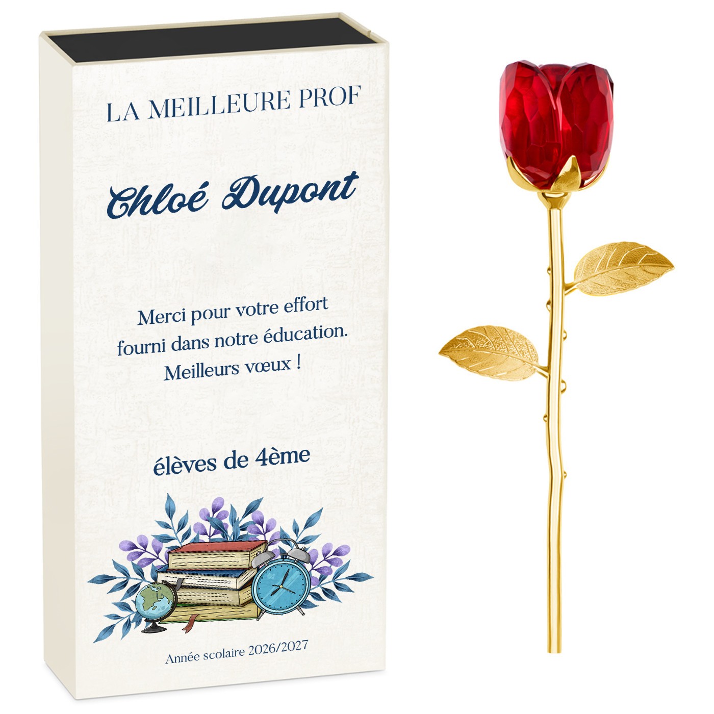 Rosa eterna de cristal Murrano + estuche con impresión personalizada para la mejor maestra