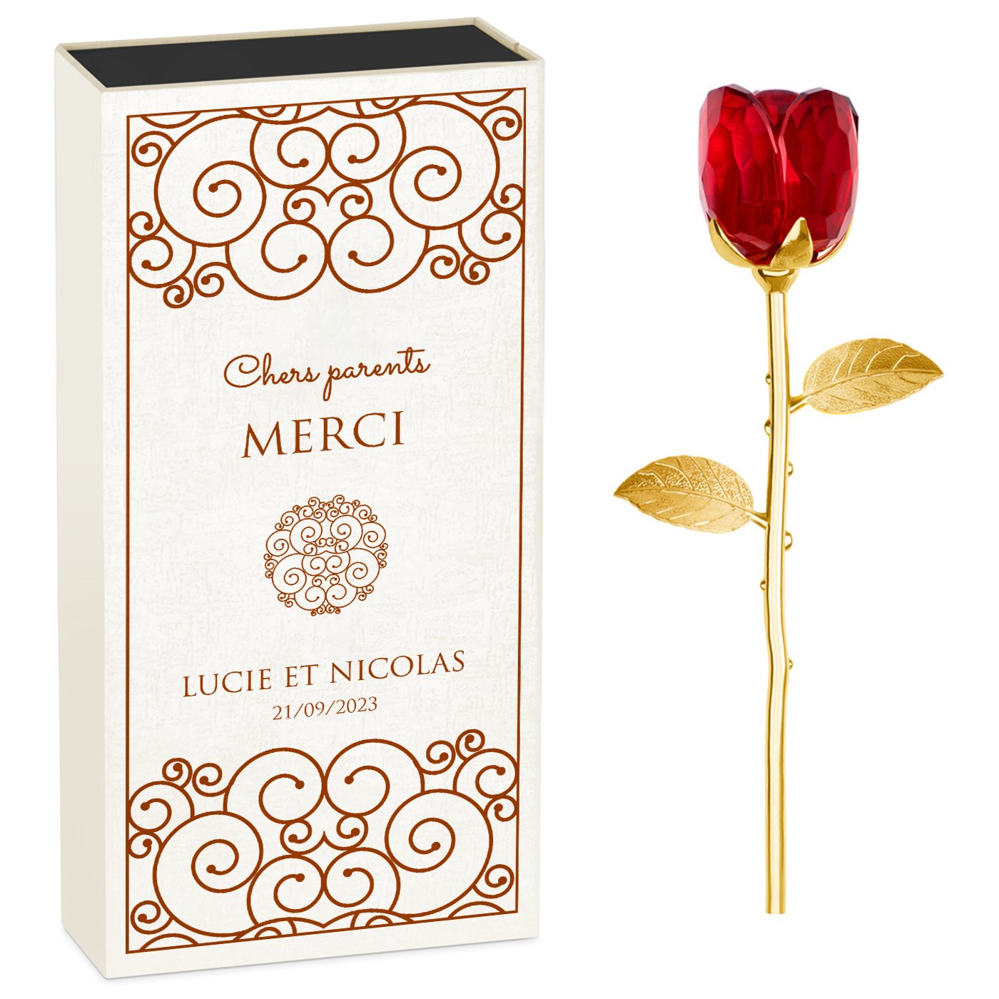 Rosa eterna de cristal + caja con impresión personalizada para agradecimiento de boda de los padres