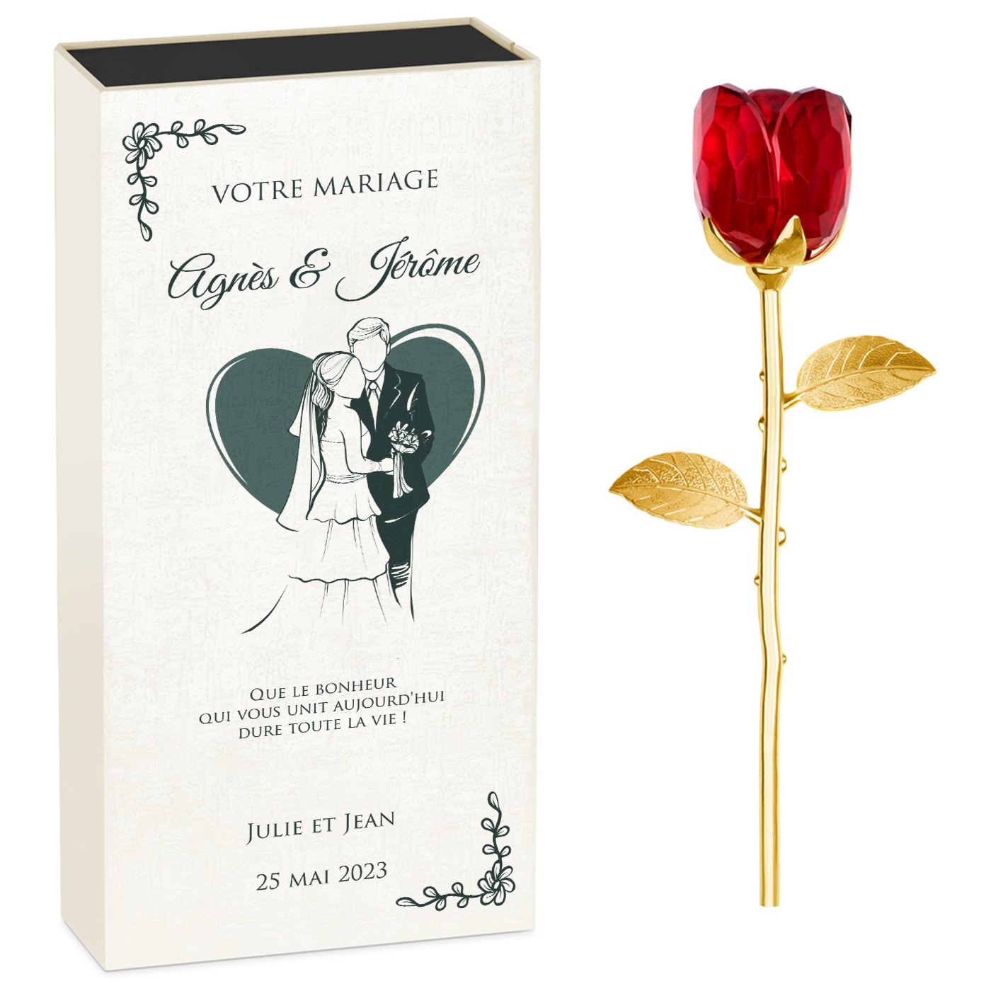 Rosa eterna de cristal Murrano + estuche con impresión personalizada para una pareja para la boda
