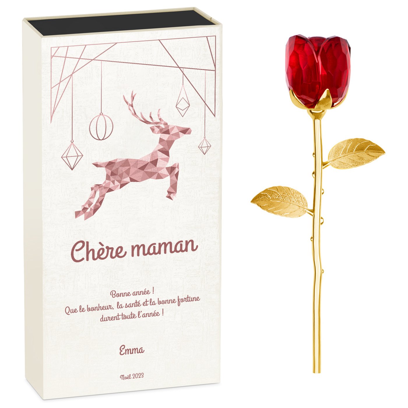 Rosa eterna de cristal + estuche con impresión personalizada para mamá por Navidad
