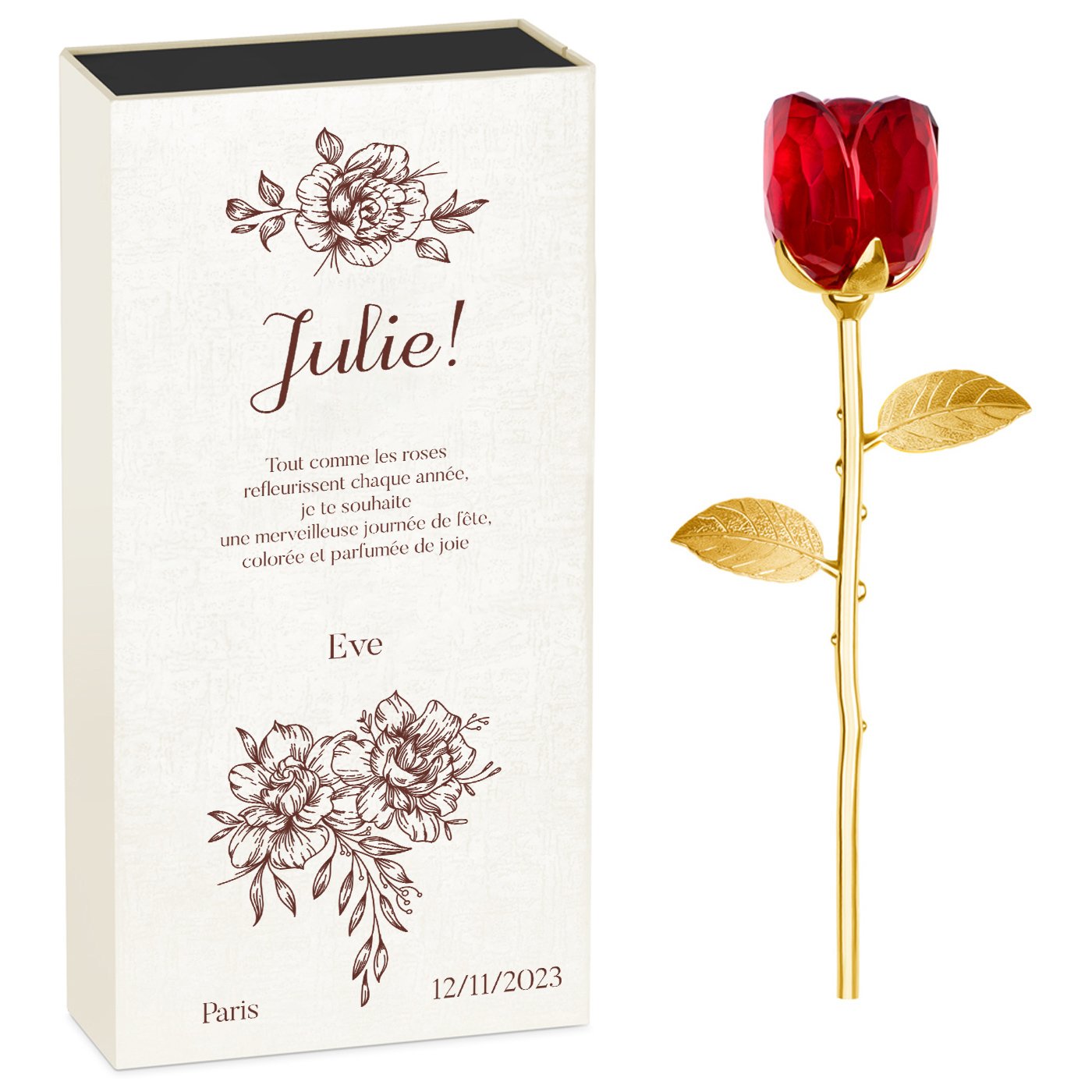 Rosa eterna de Murrano en cristal + caja con impresión personalizada para mujer