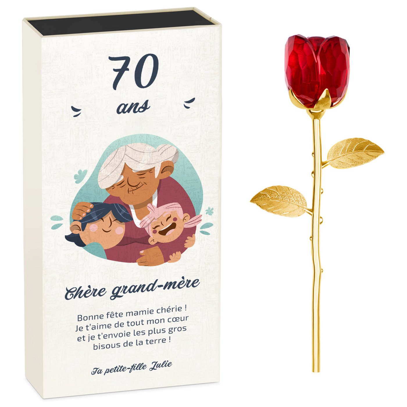 Rosa eterna de cristal + estuche con impresión para la abuela por su 70º cumpleaños
