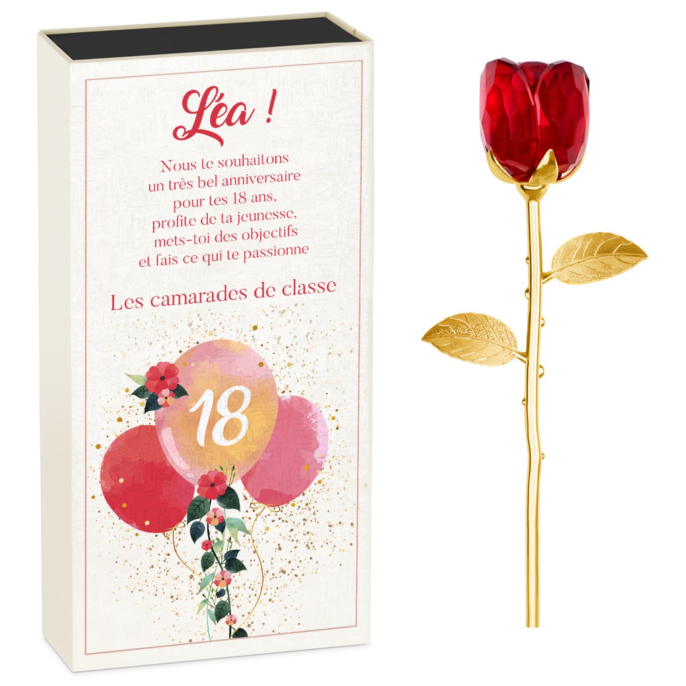 Rosa eterna de cristal + estuche con impresión personalizada para una amiga por su 18º cumpleaños