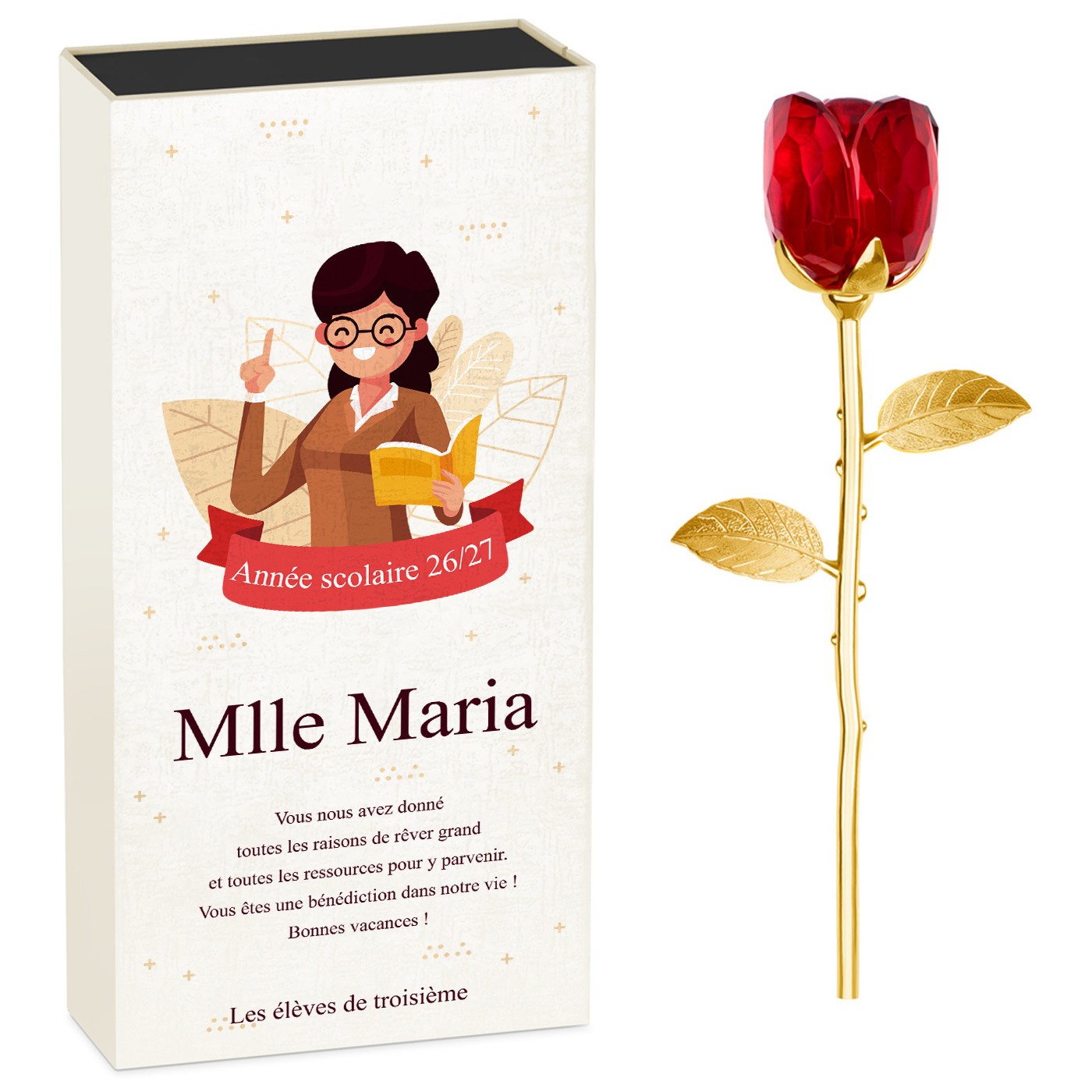 Rosa eterna de cristal + estuche con impresión para maestra al final del año