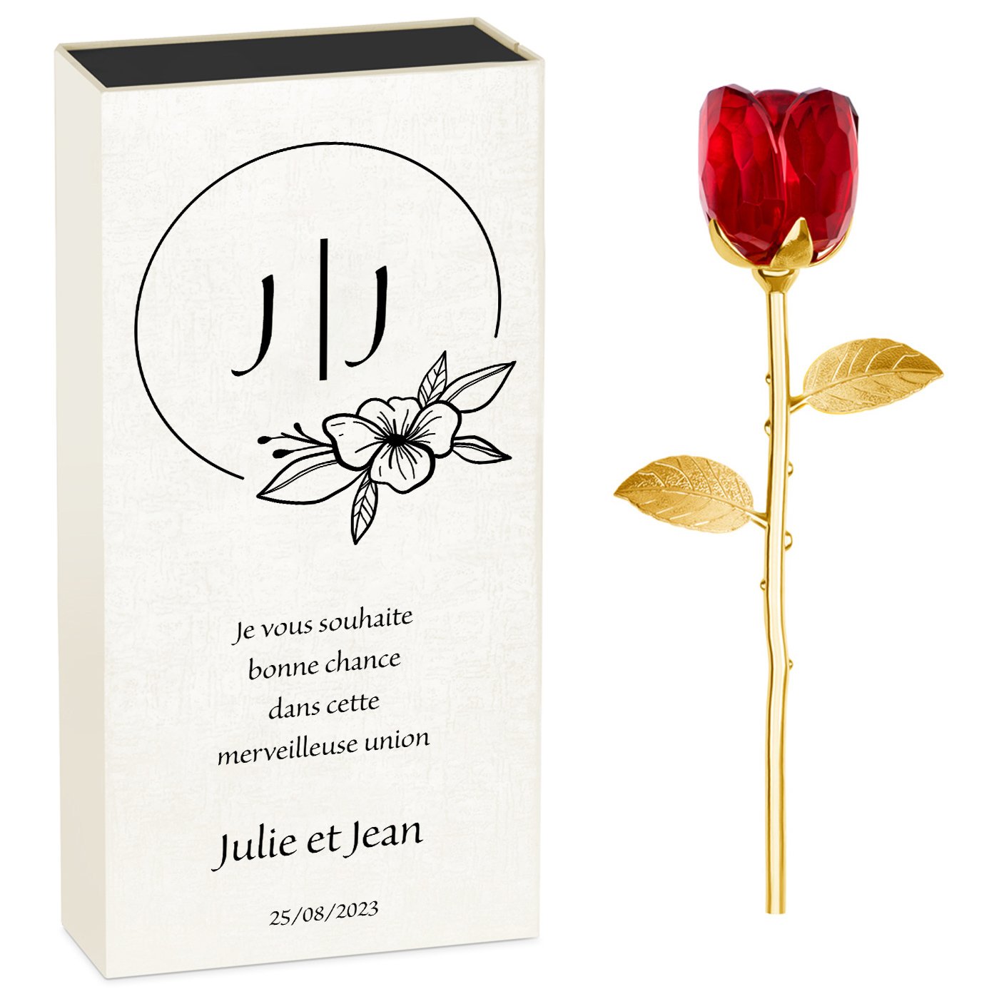 Rose Éternelle en Cristal + Coffret avec Impression Personnalisée pour Mariages