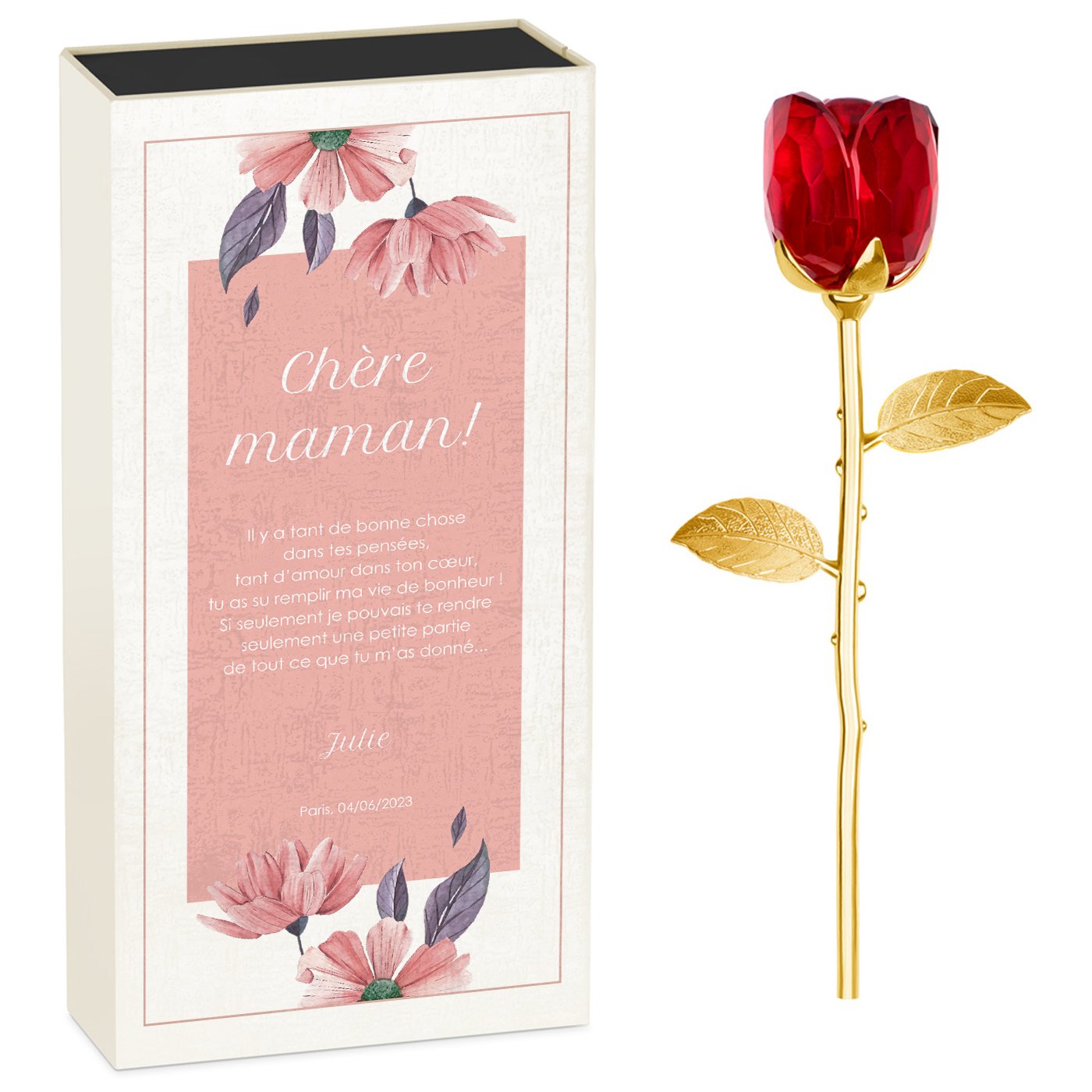 Rosa eterna de cristal + estuche con impresión para mamá