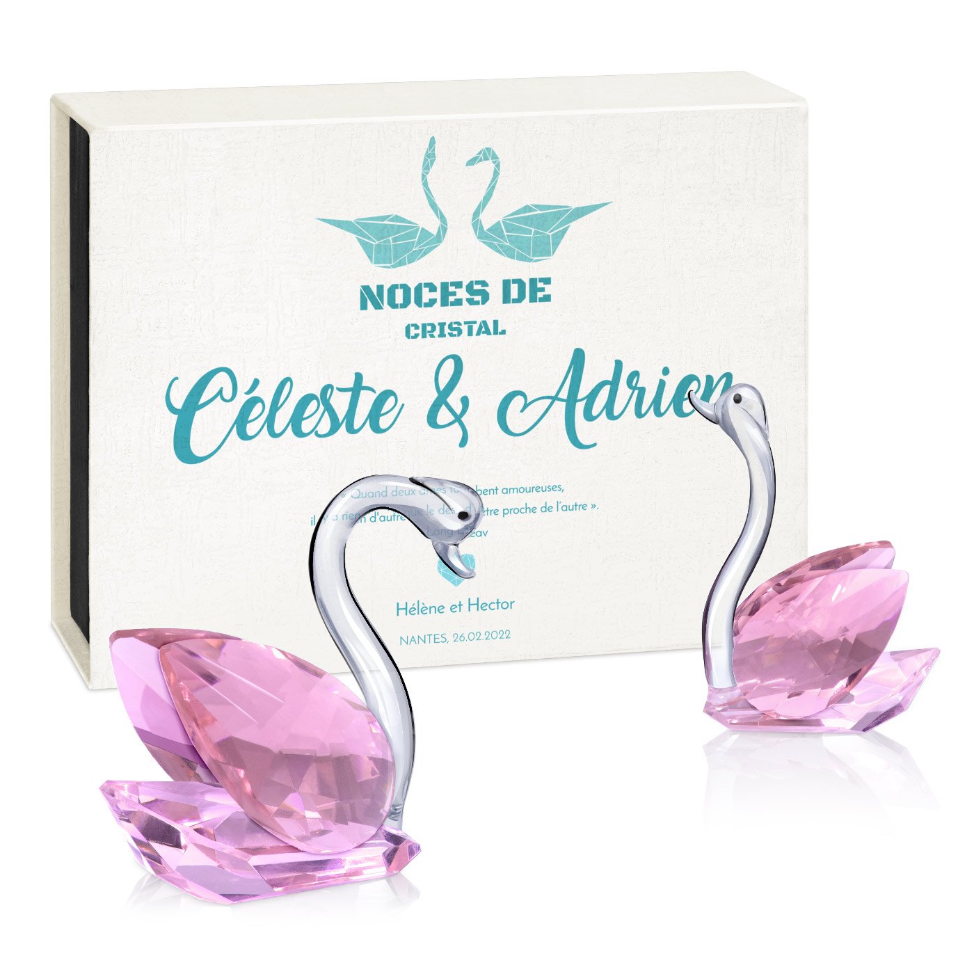 Cygnos de cristal Murrano en caja con personalización para una pareja de amigos por el aniversario de bodas de cristal