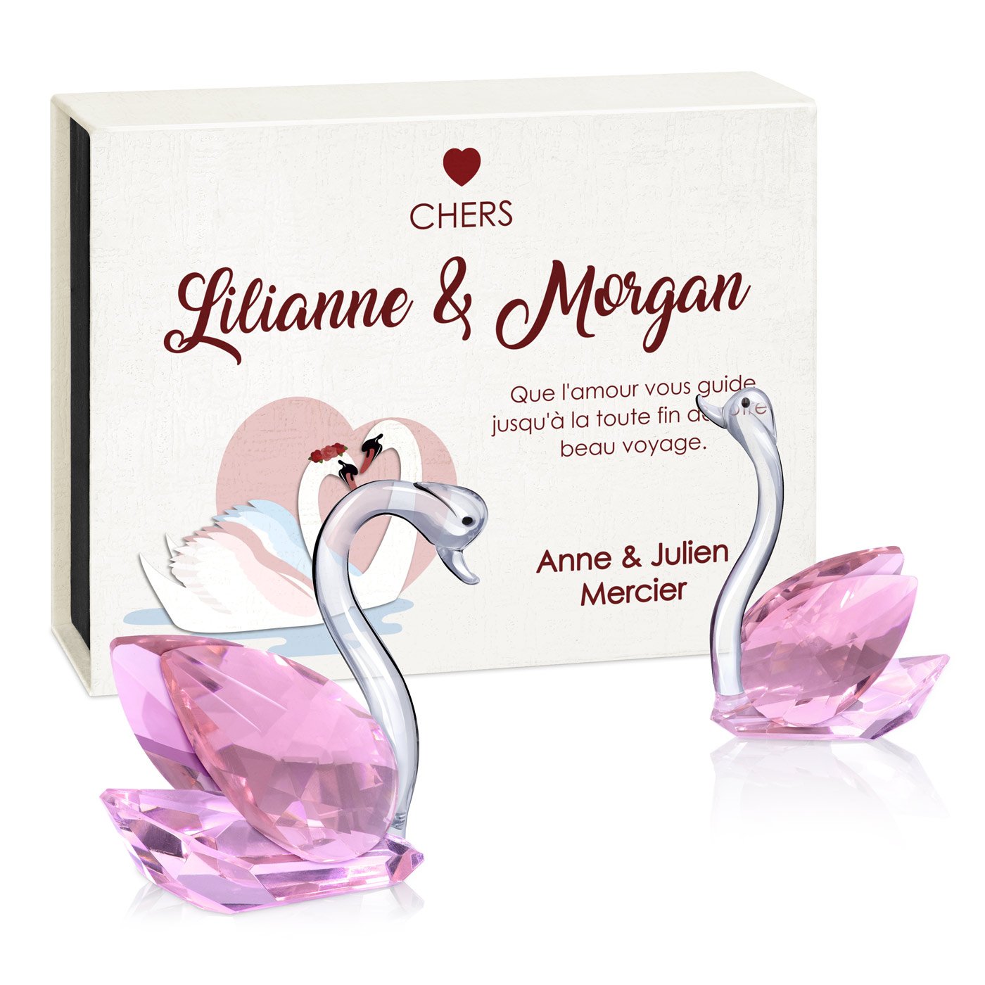 Cygnes en cristal Murrano dans un coffret personnalisé pour jeunes mariés