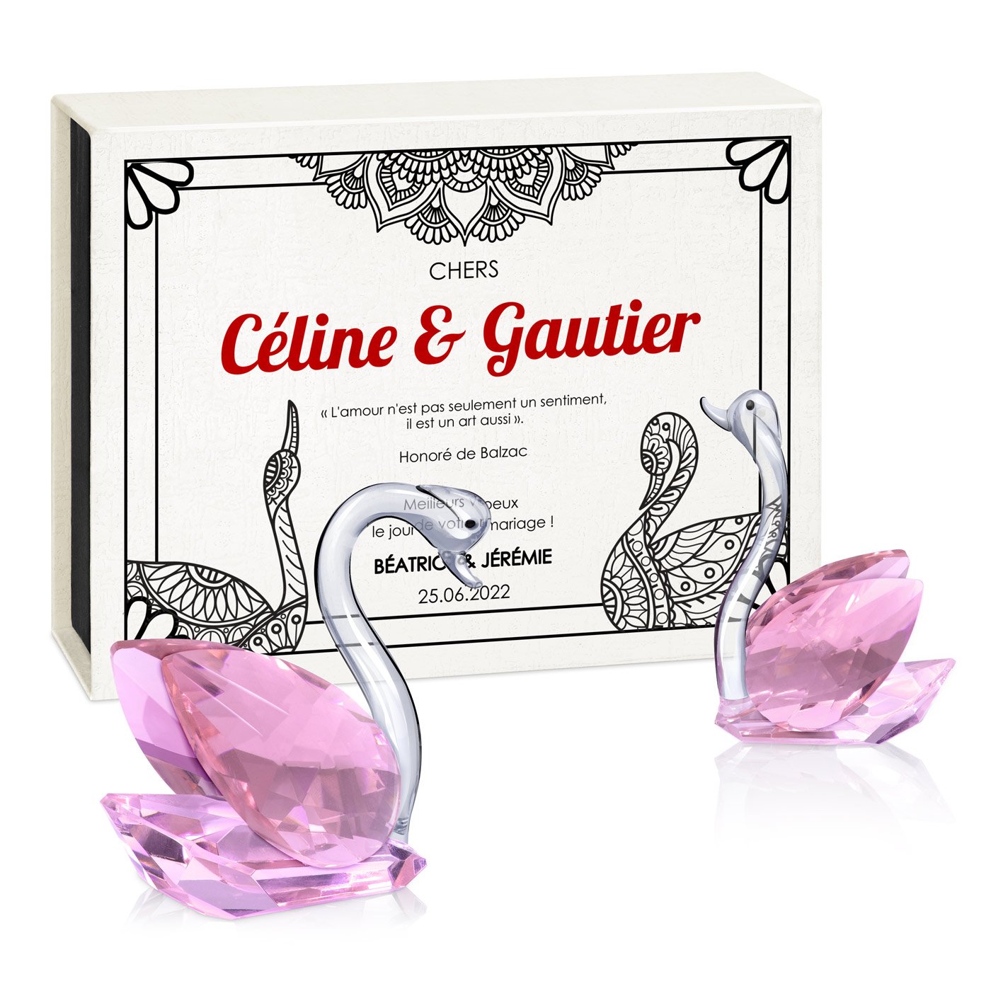 Cygnos de cristal Murrano en caja personalizada para una pareja de boda