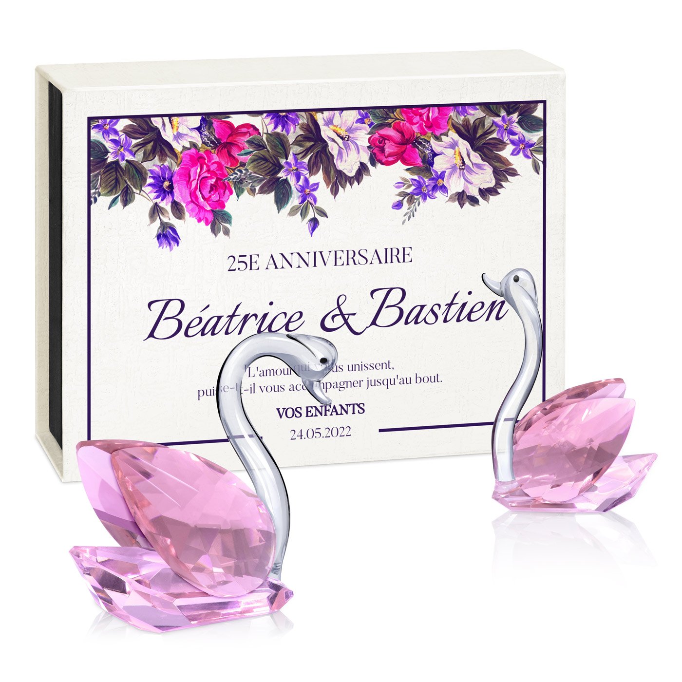 Murrano Crystal Swans in Personalized Box for Parents 25th Wedding Anniversary