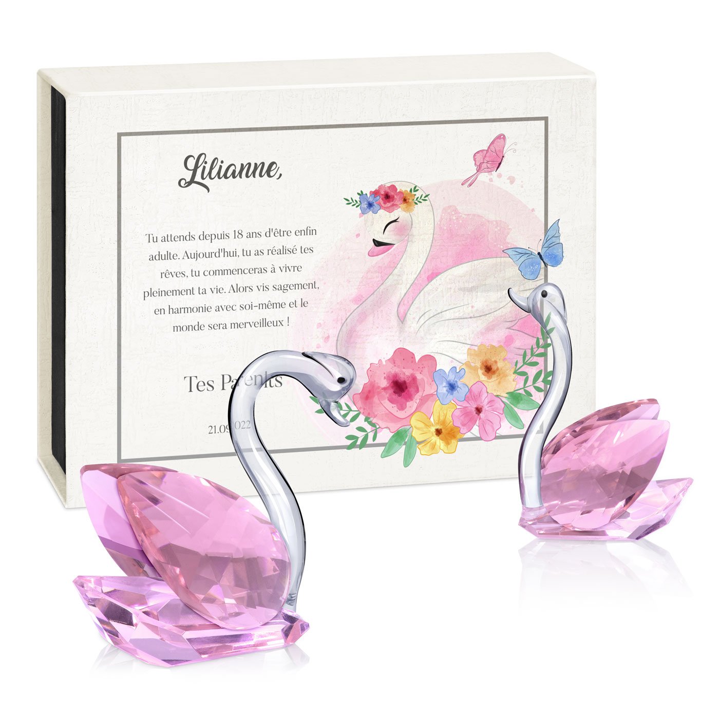 Swans de cristal Murrano en una caja personalizada para el cumpleaños número 18 de una niña