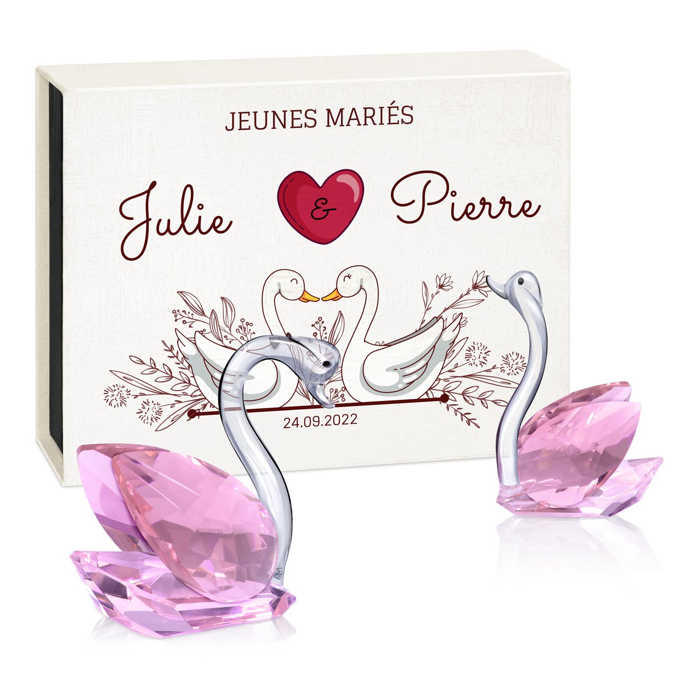Cygnes en cristal Murrano dans une boîte personnalisée pour les jeunes mariés