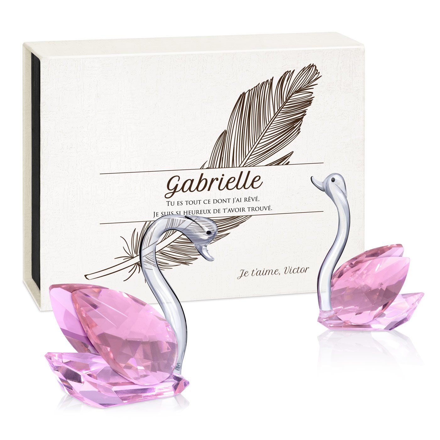 Cygnes en cristal Murrano dans une boîte avec personnalisation pour l'anniversaire d'une femme