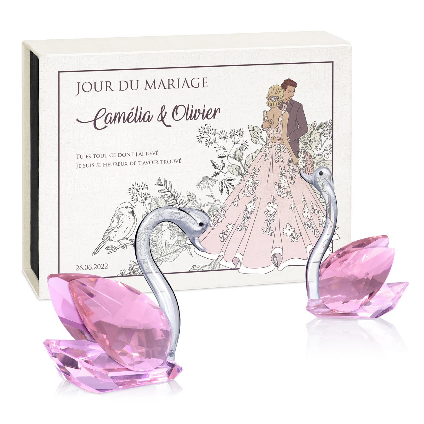 Cygnes en cristal Murrano dans une boîte personnalisée pour lui et elle