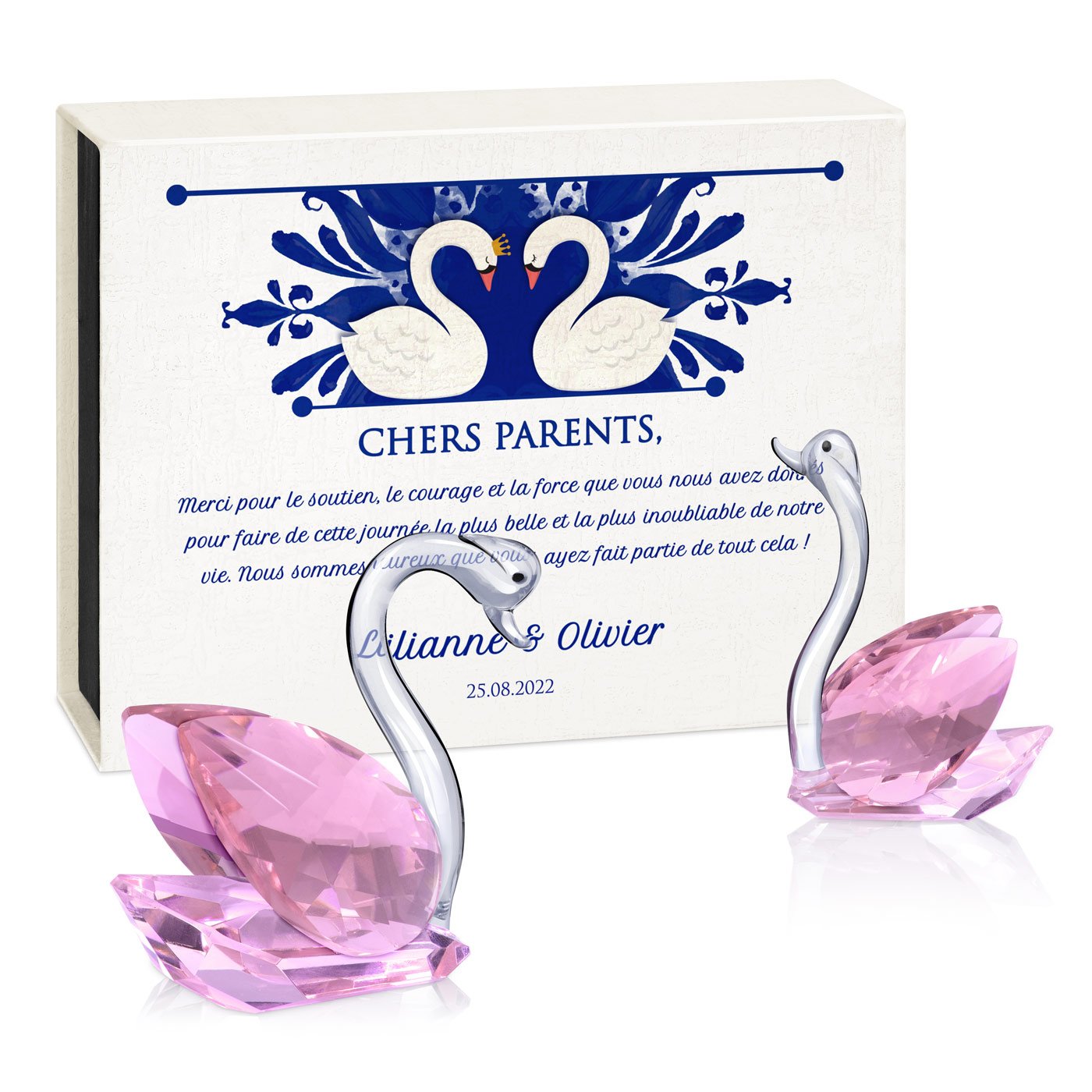 Cygnos de cristal Murrano en caja con personalización para padres - regalo de agradecimiento de boda