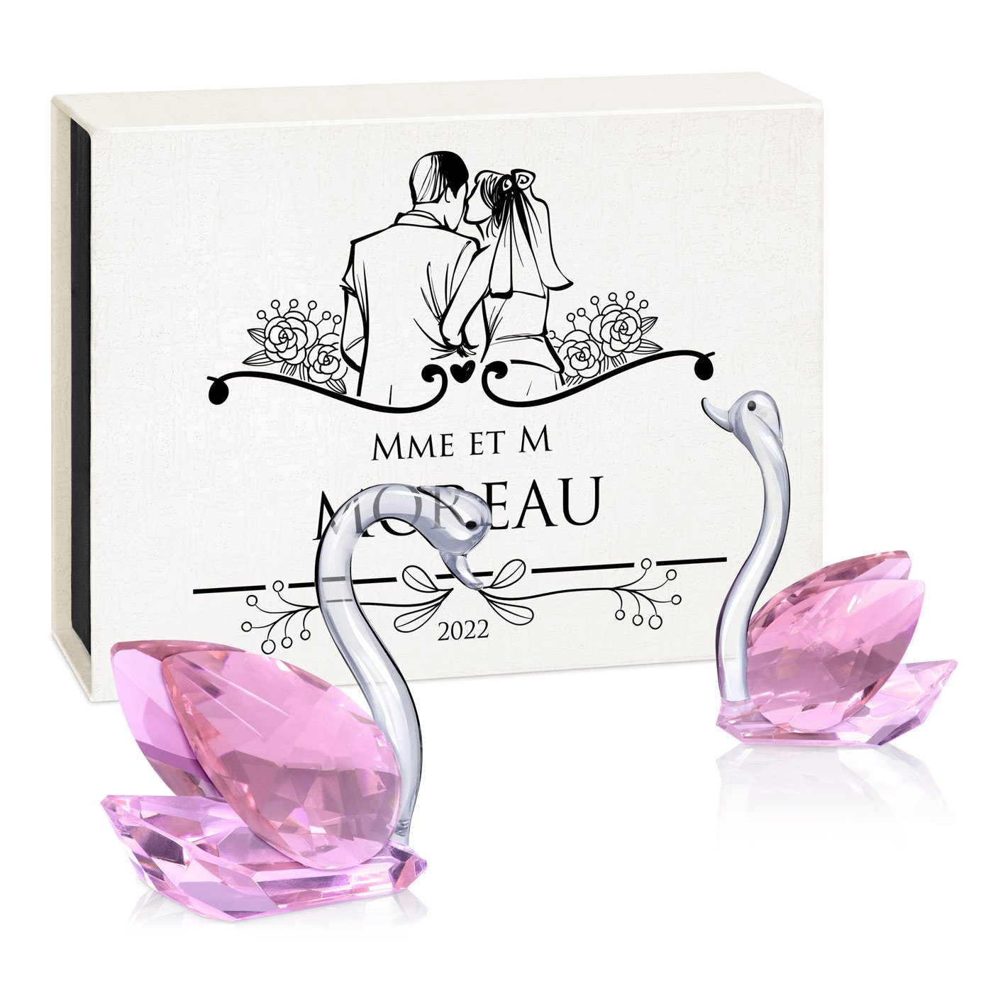 Cygnes en cristal Murrano dans une boîte personnalisée pour un couple pour l'anniversaire de mariage