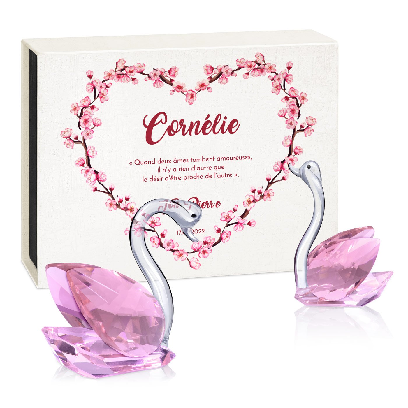 Cygnes en cristal Murrano dans une boîte personnalisée pour l'anniversaire d'une épouse