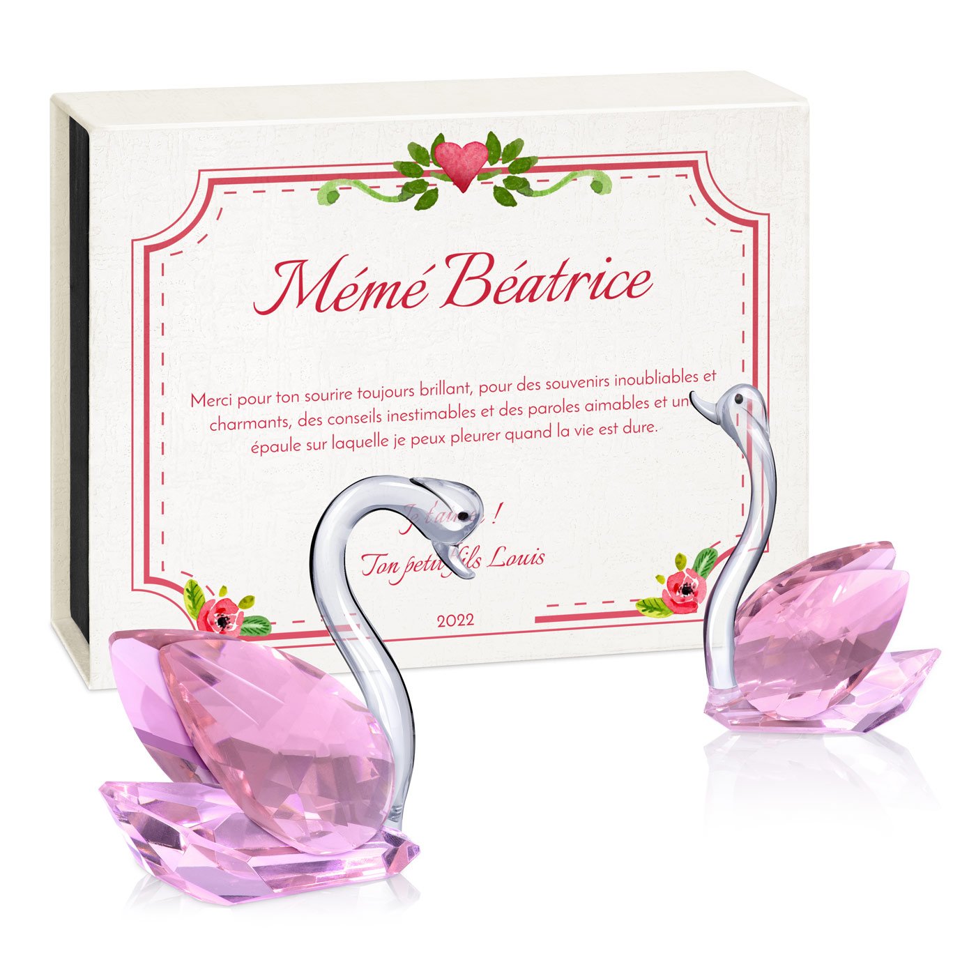 Cygnes en cristal Murrano dans une boîte avec personnalisation pour mamie pour la fête des grands-mères