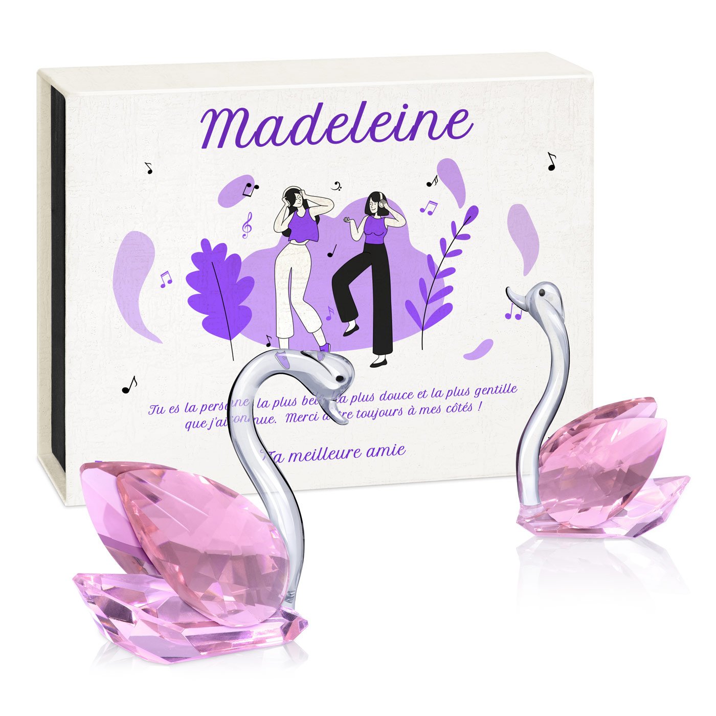 Cygnes en cristal Murrano dans une boîte personnalisée pour l'anniversaire de ma meilleure amie