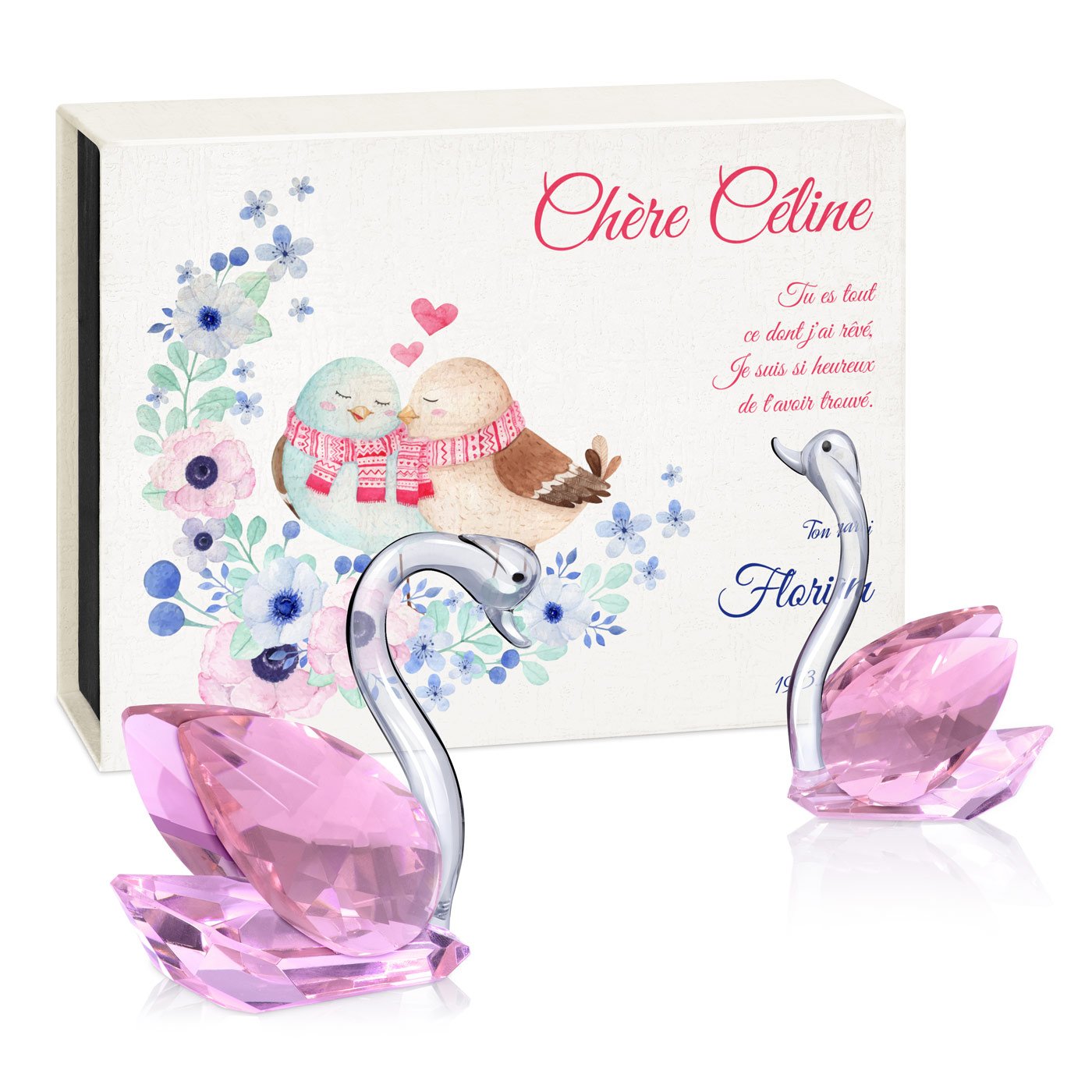 Swans de cristal Murrano en caja con personalización para esposa en el Día de San Valentín