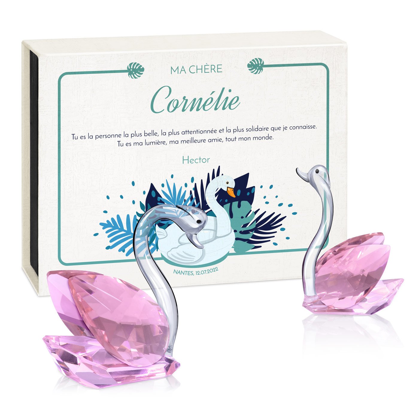 Cygnes en cristal Murrano dans une boîte personnalisée pour l'anniversaire d'une femme