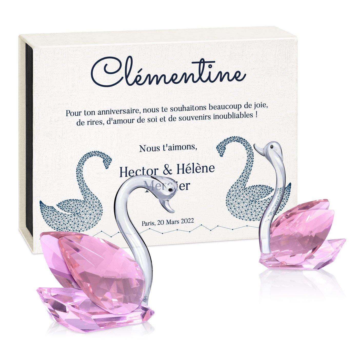 Cygnos de cristal Murrano en caja personalizada para el cumpleaños de una amiga