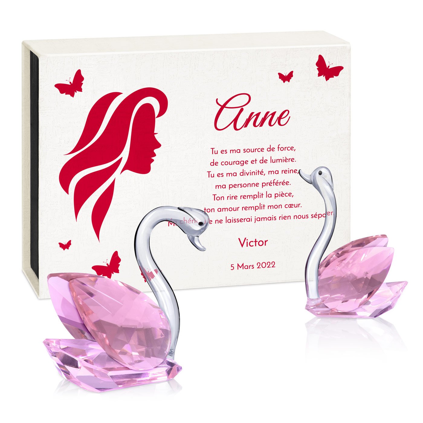 Cygas de cristal Murrano en caja con personalización para novia en el Día de San Valentín