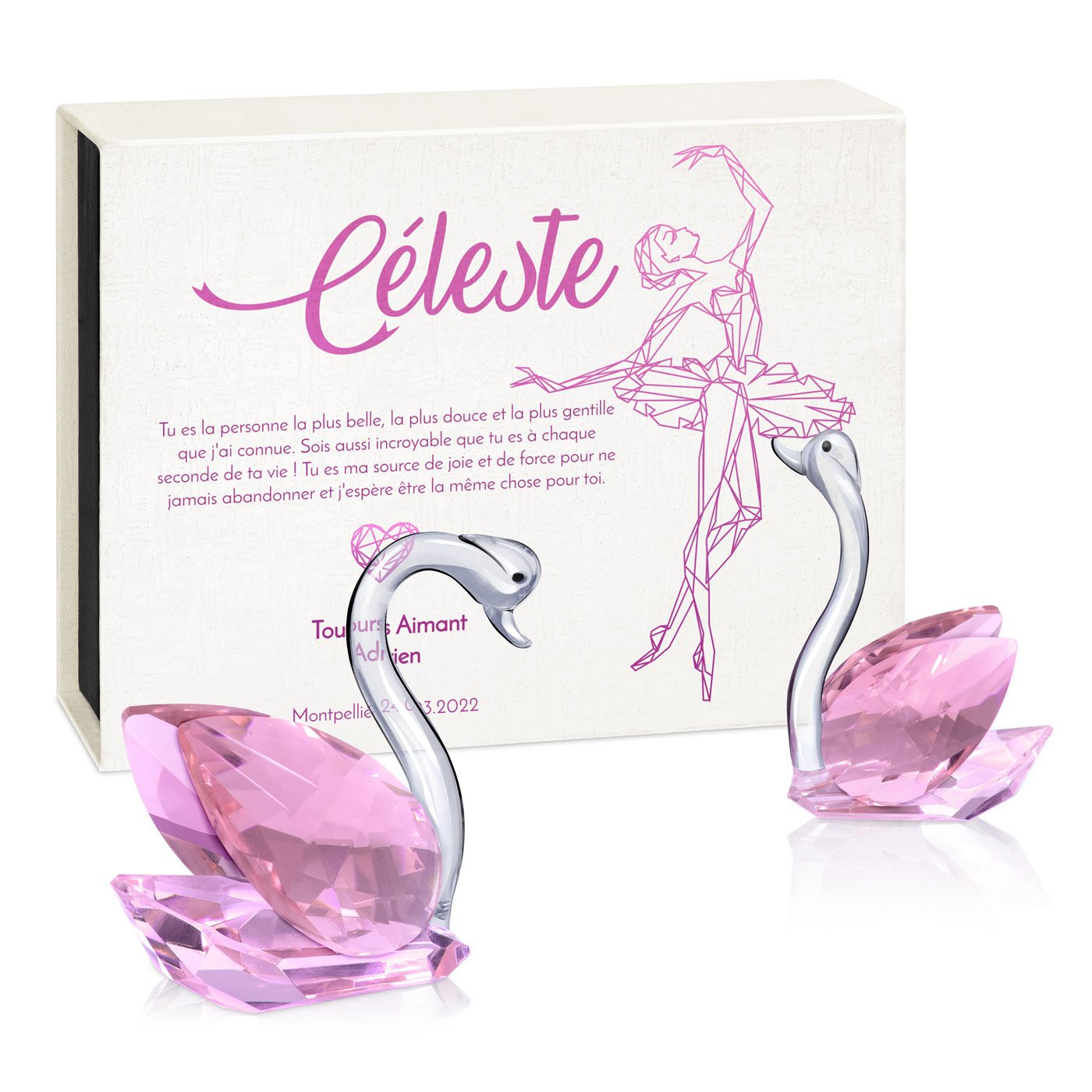 Swans de cristal Murrano en caja personalizada para el cumpleaños de una amiga