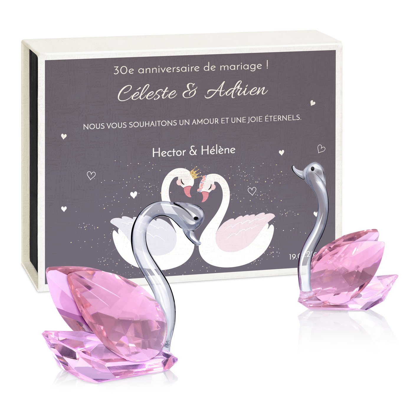 Cygnos de cristal Murrano en caja con personalización para el 30º aniversario de bodas