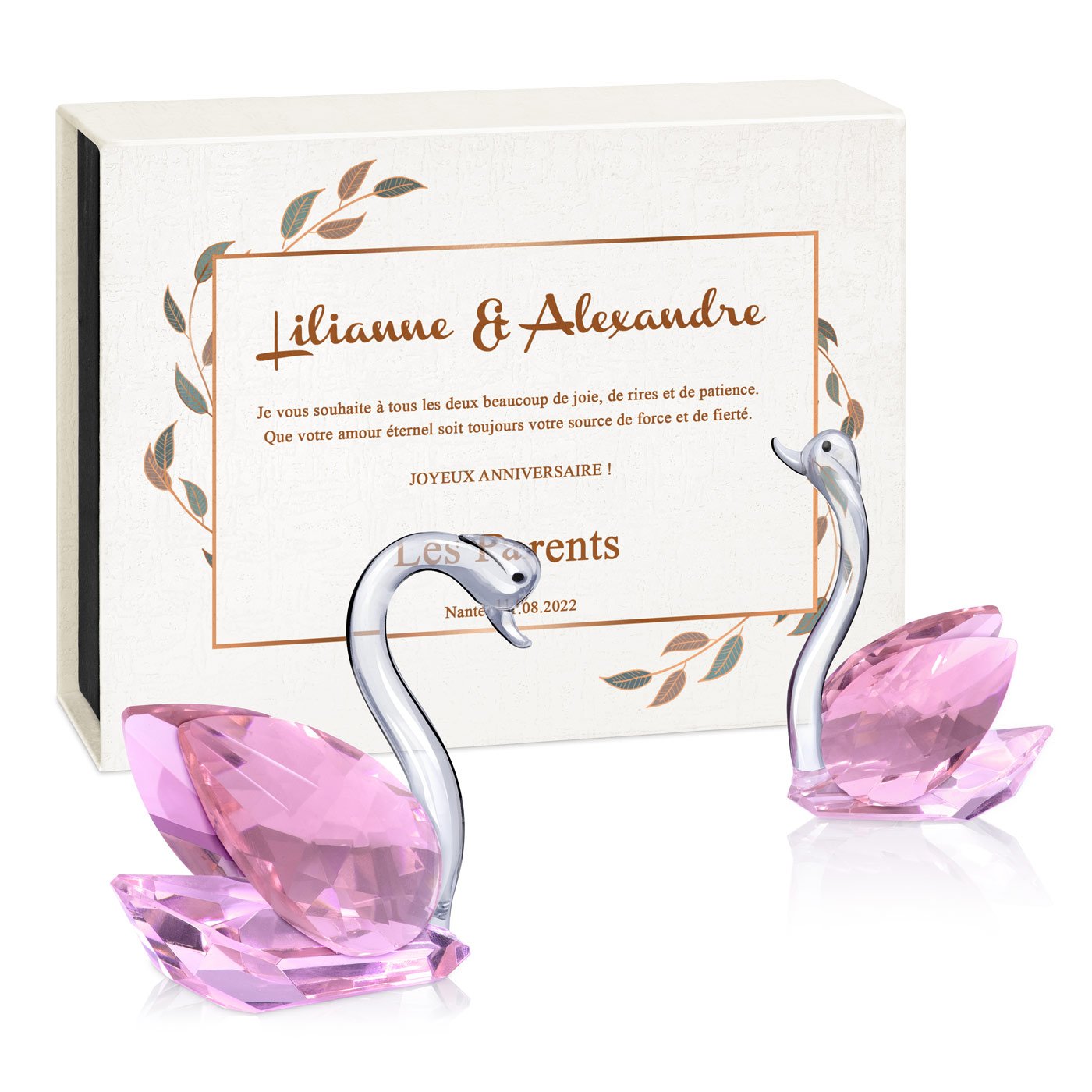 Swans de cristal Murrano en caja con personalización para pareja - Regalo de 15º aniversario de boda de los padres