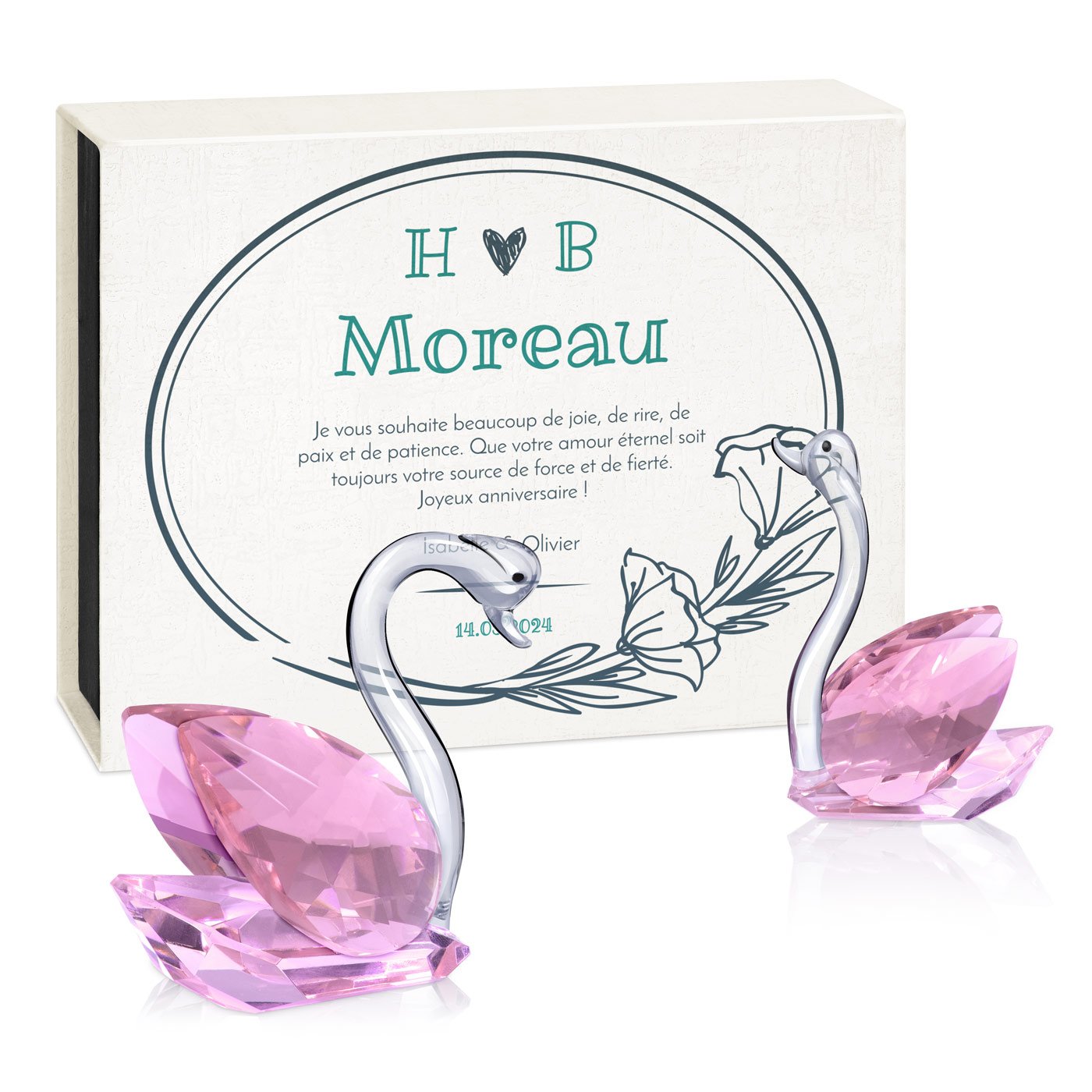 Cygnos de cristal Murrano en caja personalizada para regalo de boda para pareja